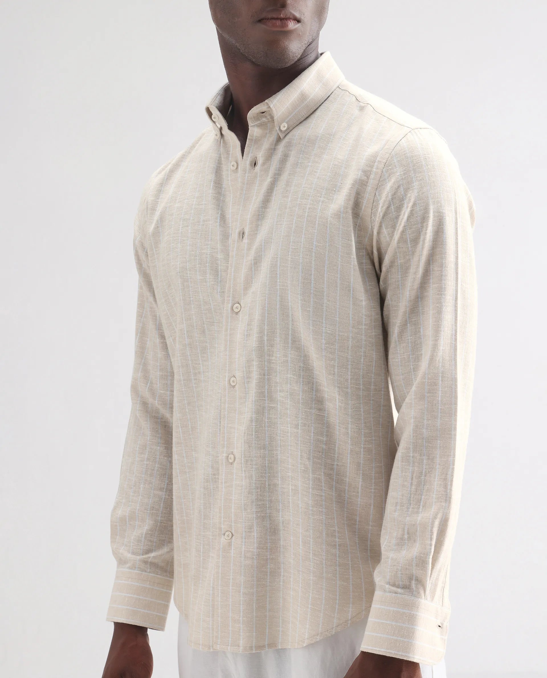 Rare Rabbit Men's Kylo Khaki 100% Linen Striped Print Regular Fit Full Sleeve Collared Shirt