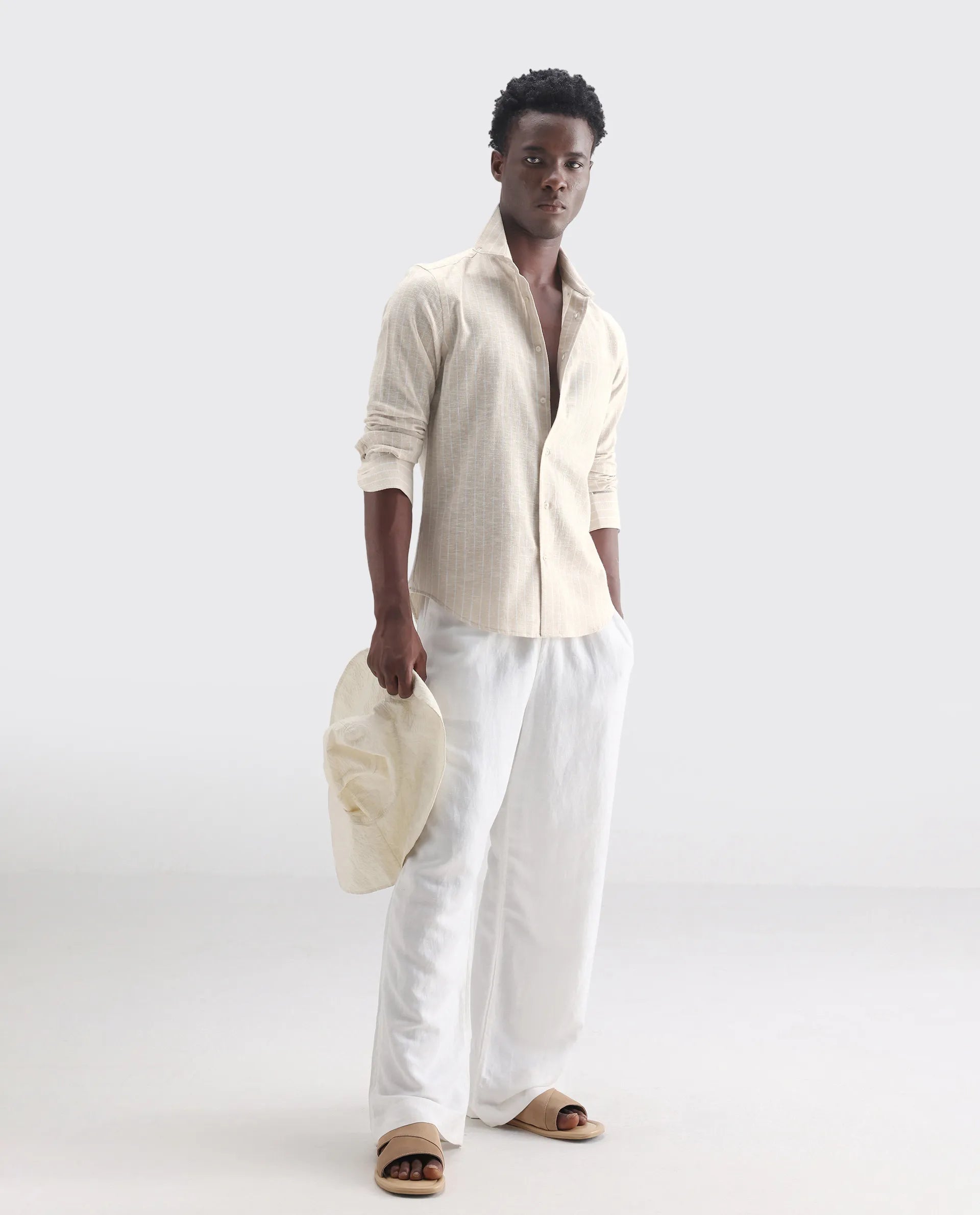 Rare Rabbit Men's Kylo Khaki 100% Linen Striped Print Regular Fit Full Sleeve Collared Shirt