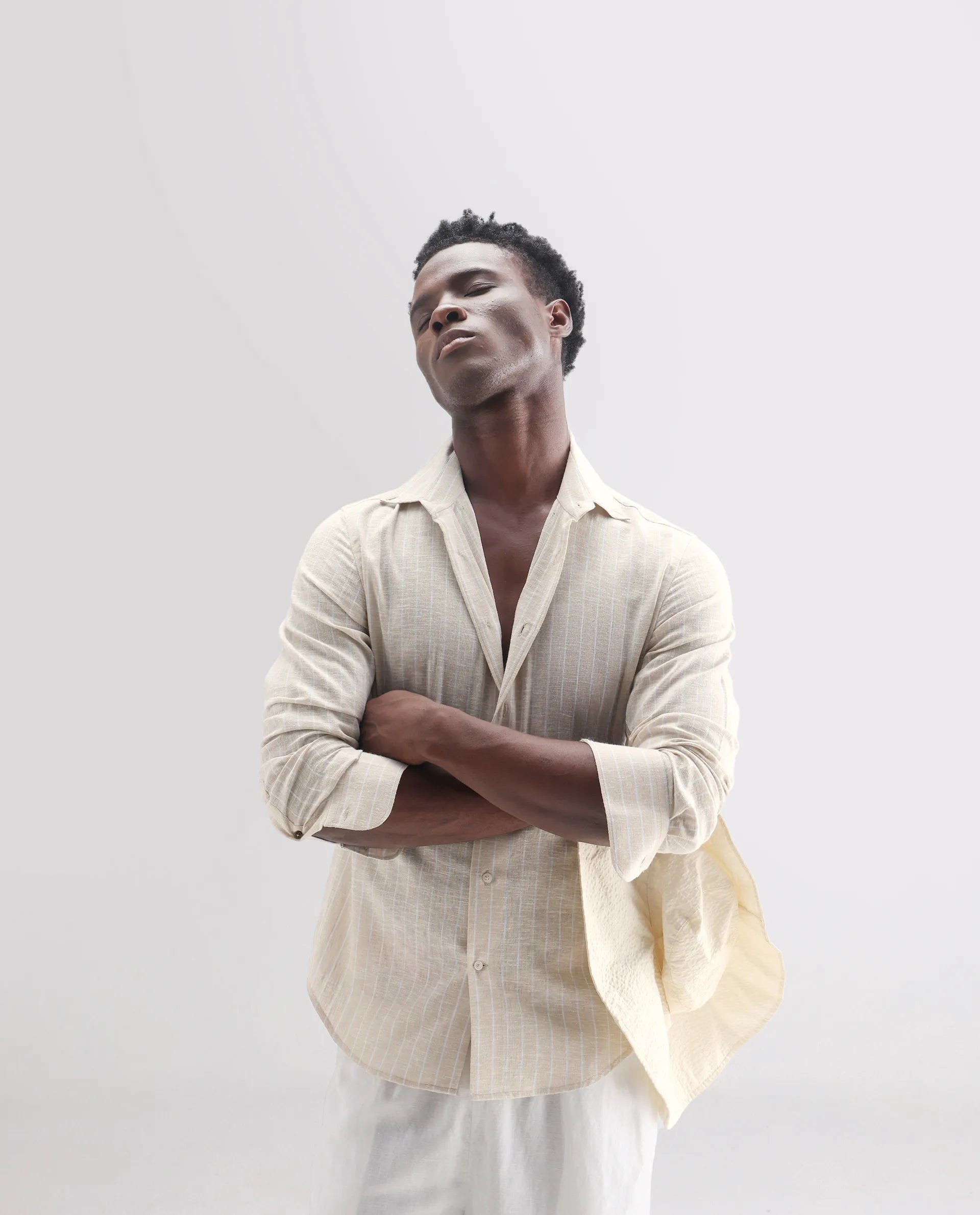 Rare Rabbit Men's Kylo Khaki 100% Linen Striped Print Regular Fit Full Sleeve Collared Shirt