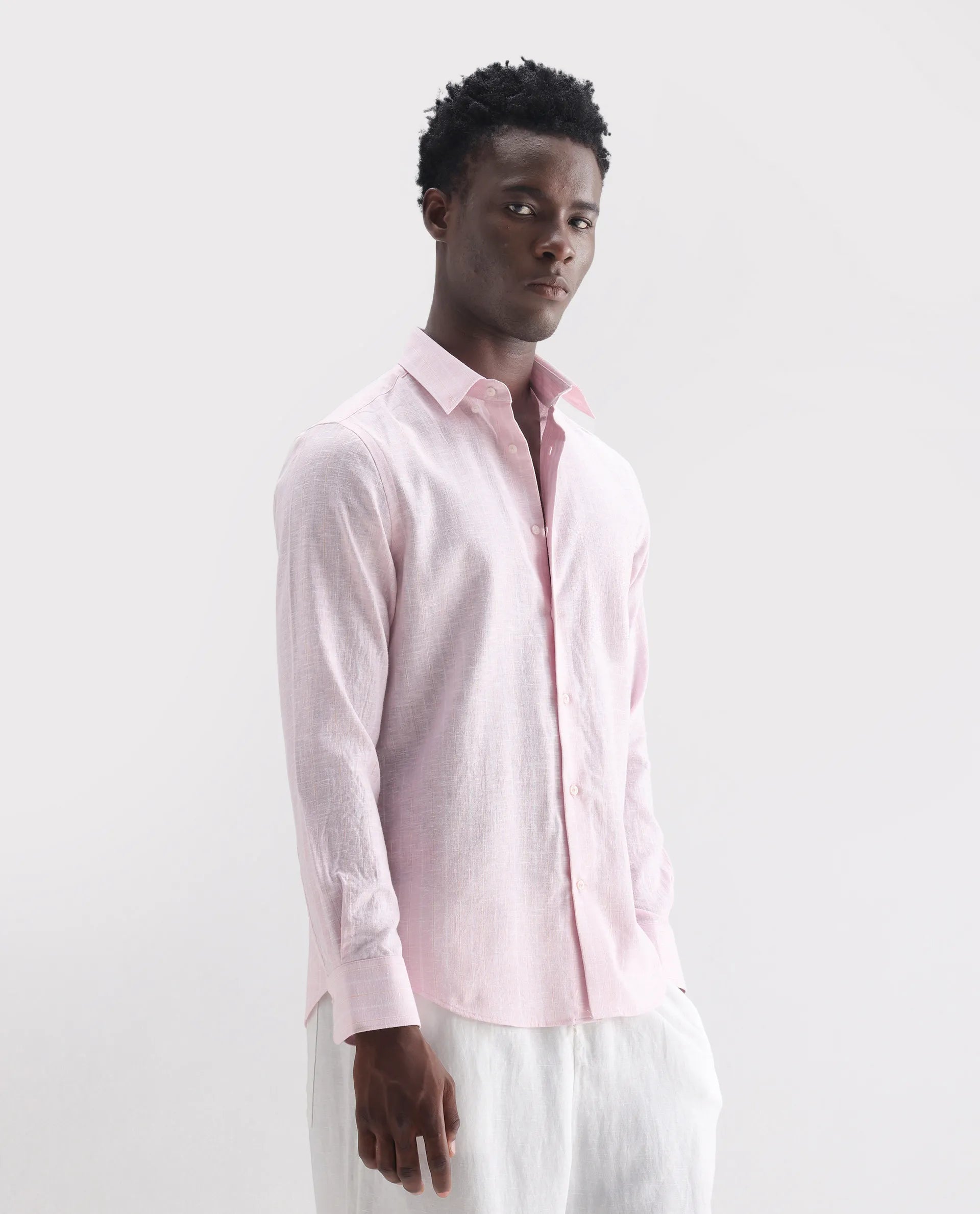 Rare Rabbit Men's Kylo Pink 100% Linen Striped Print Regular Fit Full Sleeve Collared Shirt