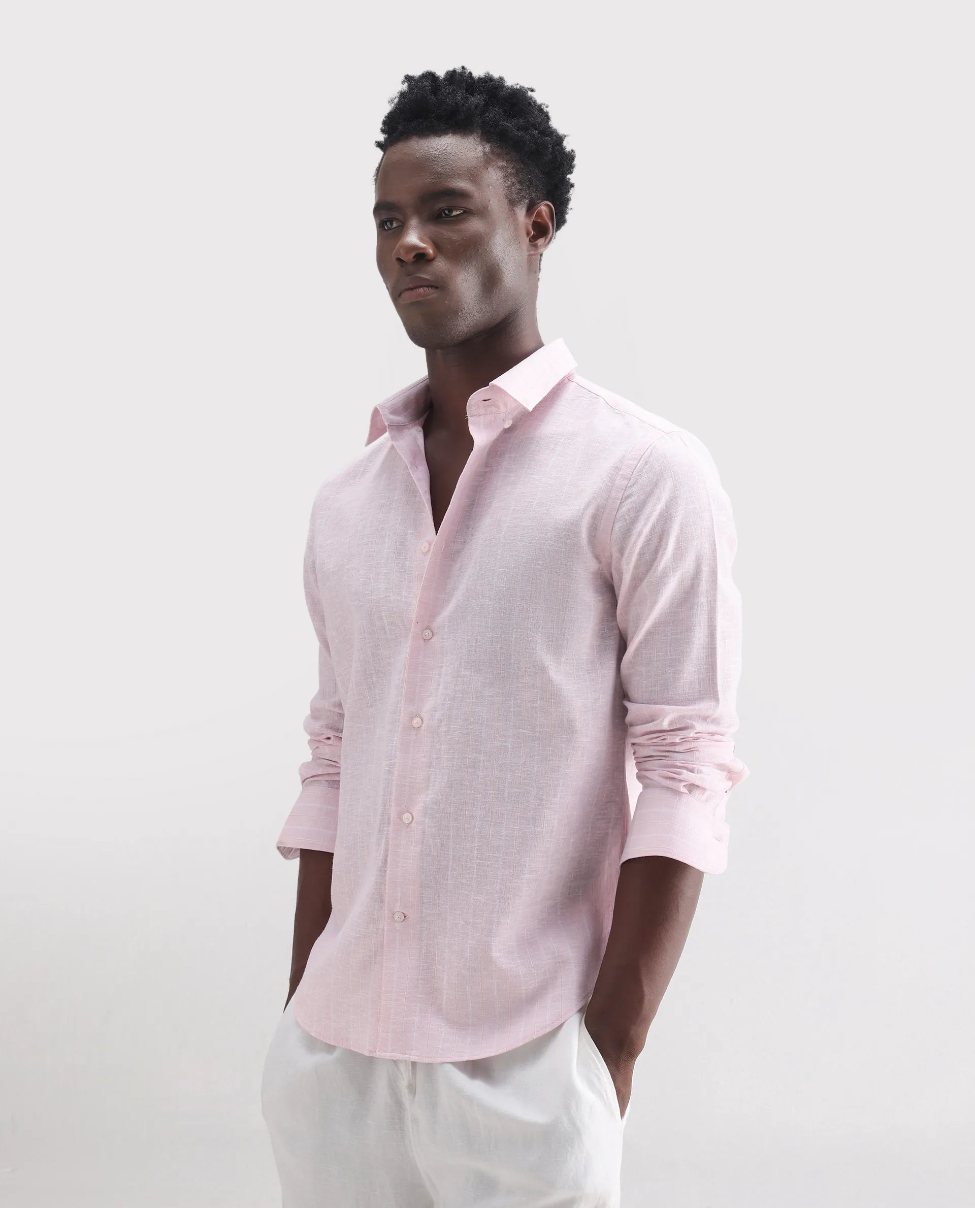 Rare Rabbit Men's Kylo Pink 100% Linen Striped Print Regular Fit Full Sleeve Collared Shirt