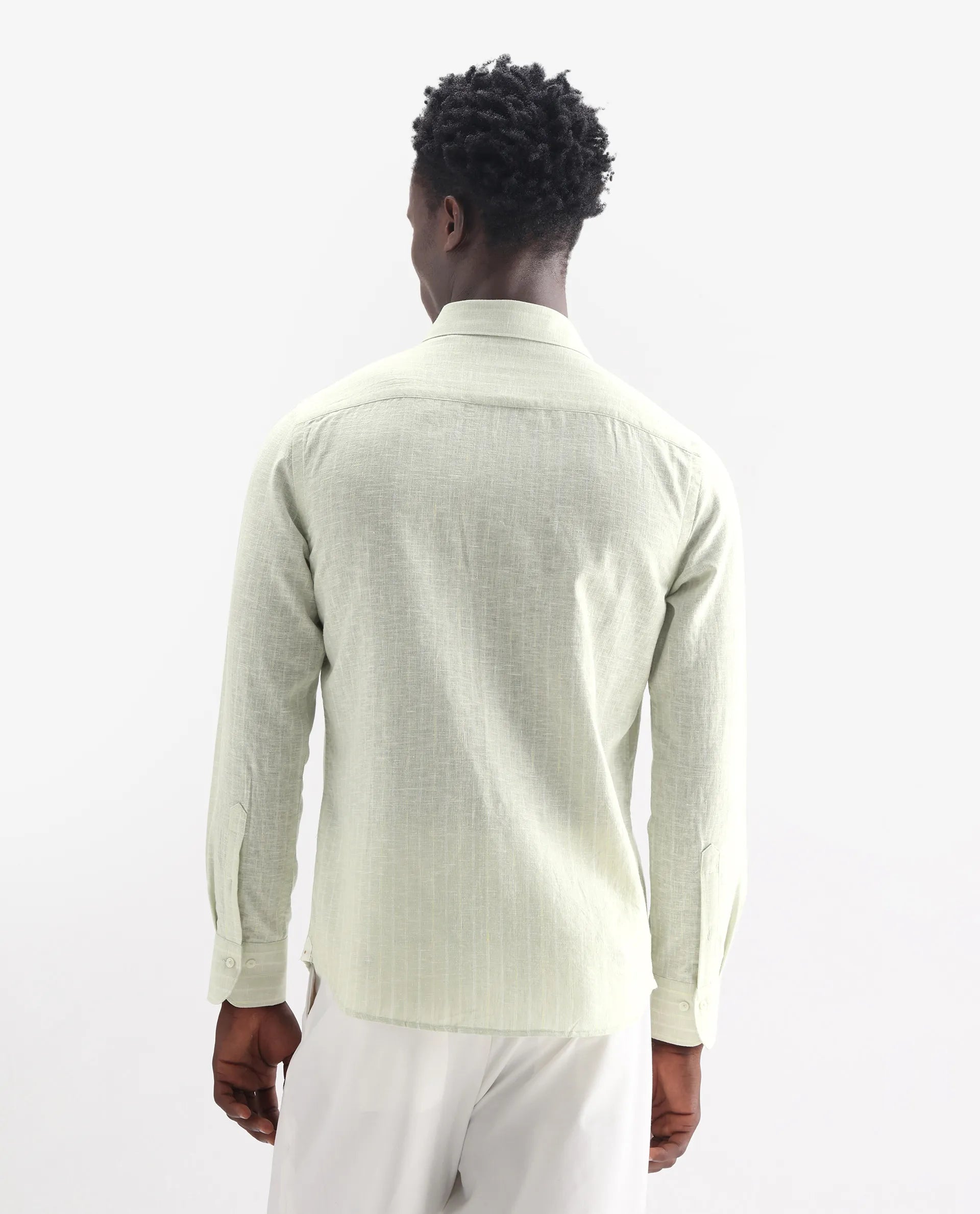 Rare Rabbit Men's Kylo Sage 100% Linen Striped Print Regular Fit Full Sleeve Collared Shirt