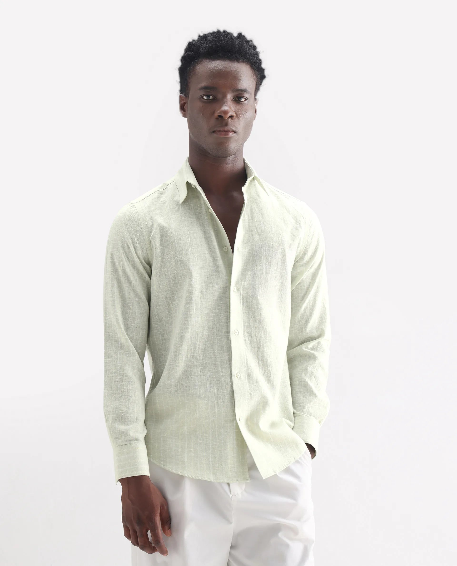 Rare Rabbit Men's Kylo Sage 100% Linen Striped Print Regular Fit Full Sleeve Collared Shirt
