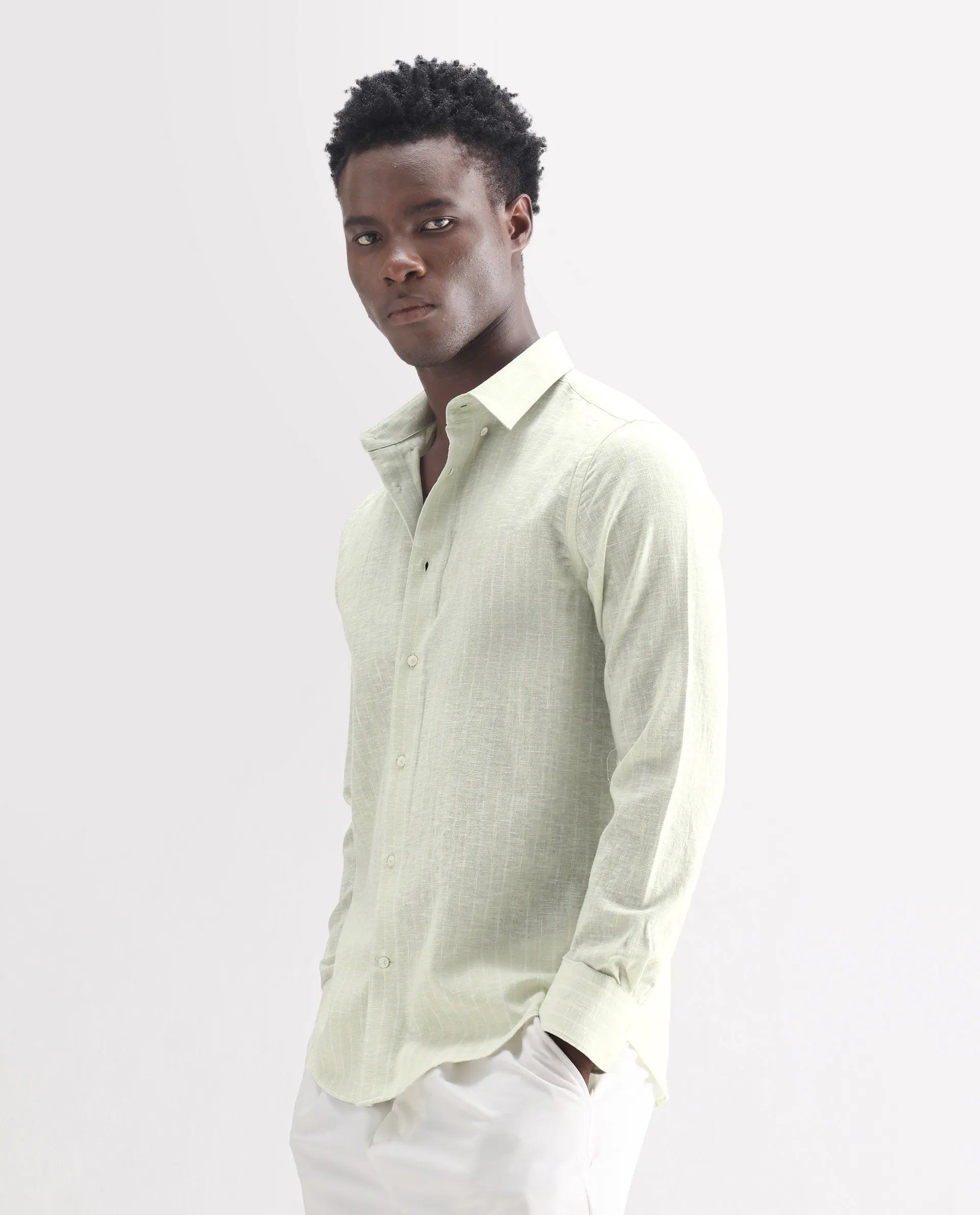 Rare Rabbit Men's Kylo Sage 100% Linen Striped Print Regular Fit Full Sleeve Collared Shirt
