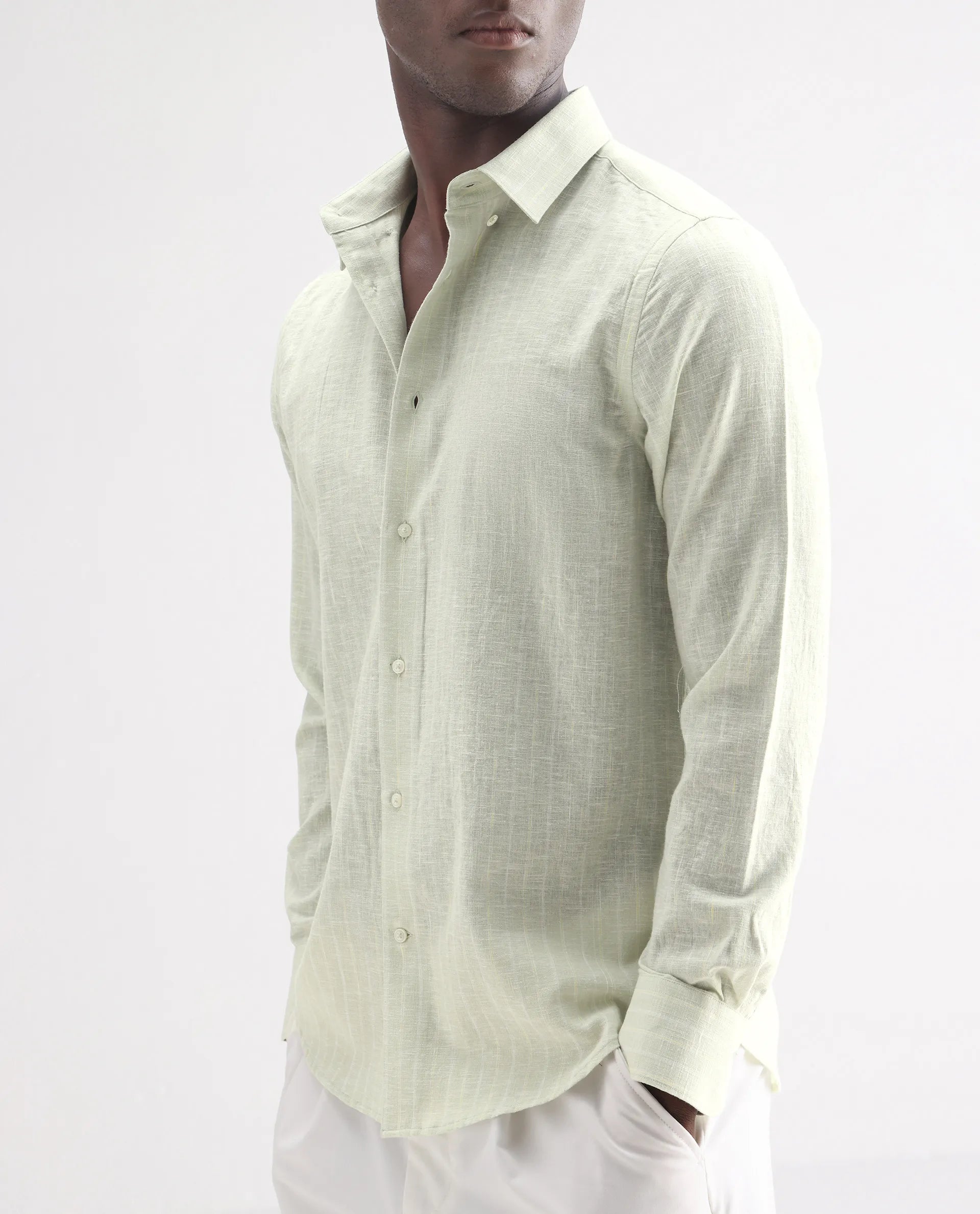 Rare Rabbit Men's Kylo Sage 100% Linen Striped Print Regular Fit Full Sleeve Collared Shirt