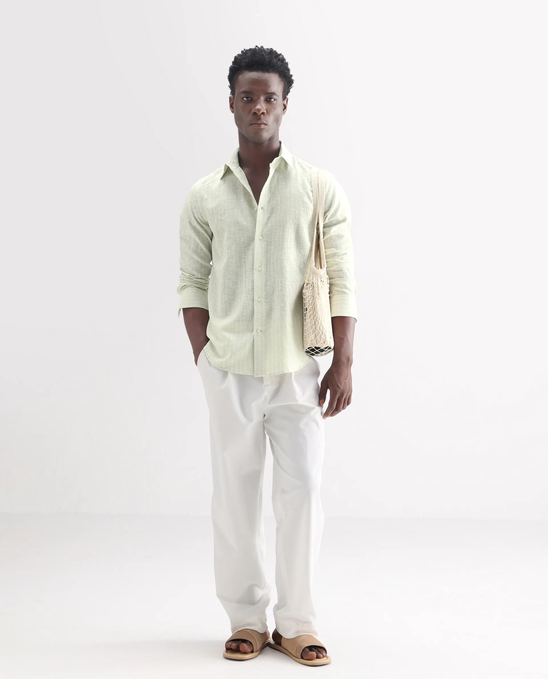 Rare Rabbit Men's Kylo Sage 100% Linen Striped Print Regular Fit Full Sleeve Collared Shirt