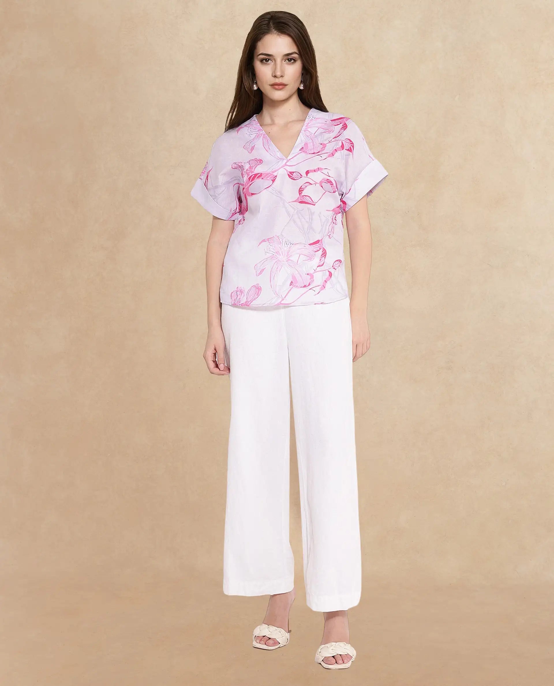 Rareism Women Kyor Dusky Purple Extended Sleeves V-Neck Floral Print Top