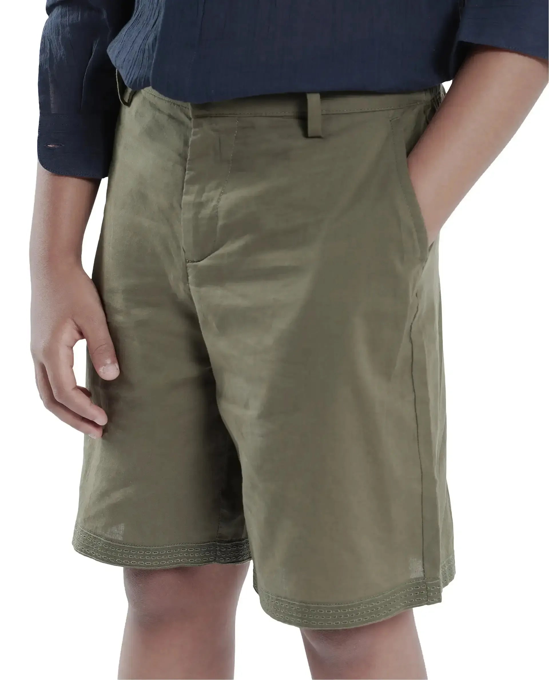 Rare Ones Kids Kyte-B Olive Cotton Button And Zip Closure Solid Regular Fit Shorts