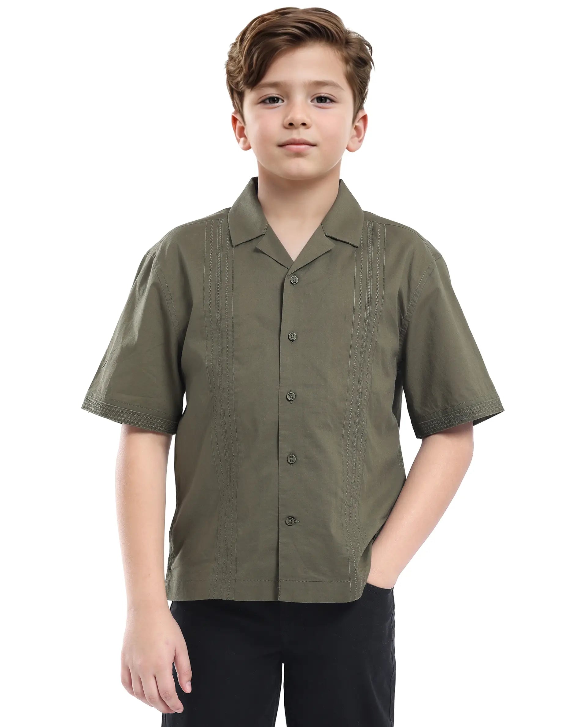 Rare Ones Kids Kyte-S Olive Cotton Half Sleeve Solid Button Closure Regular Fit Shirt