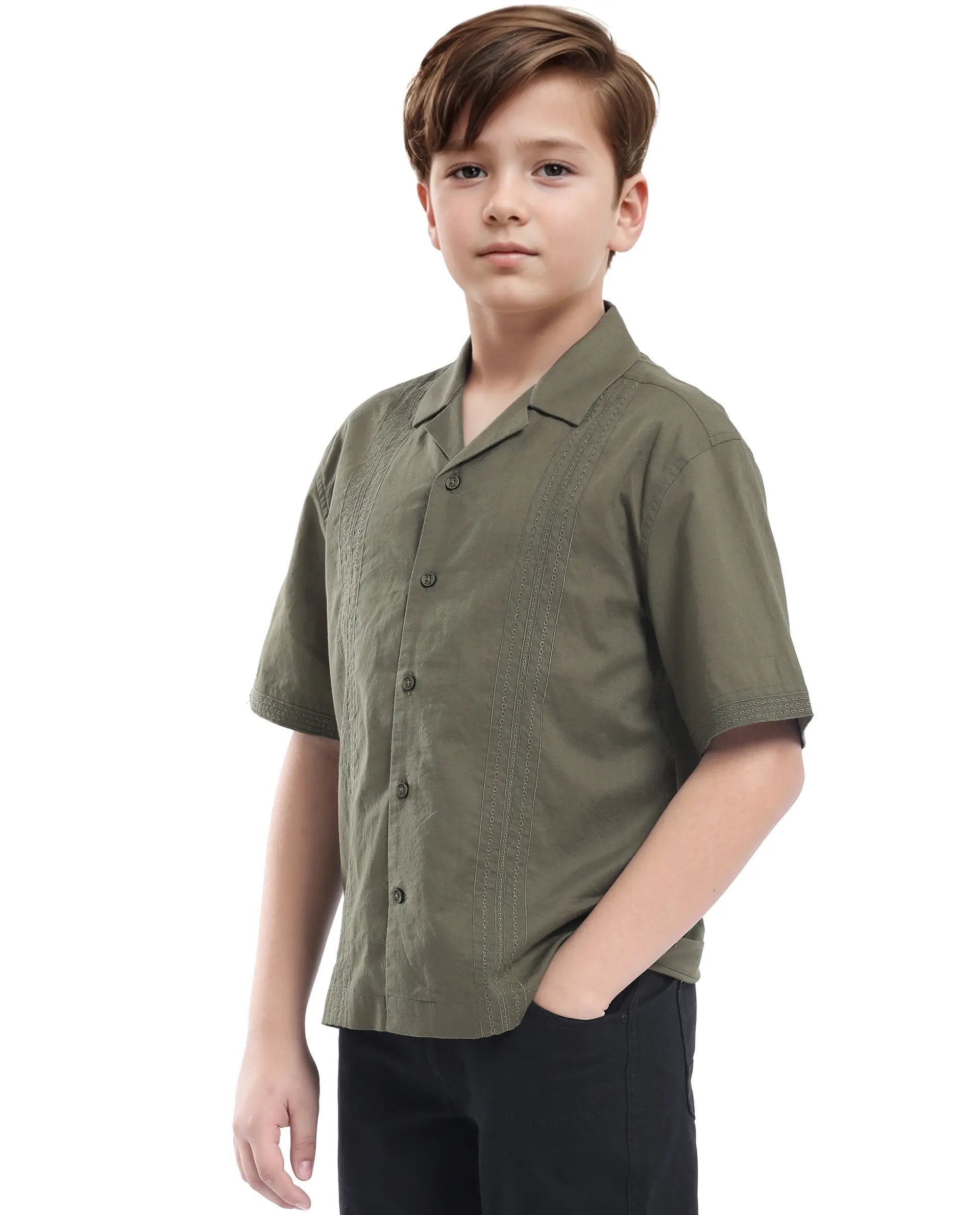 Rare Ones Kids Kyte-S Olive Cotton Half Sleeve Solid Button Closure Regular Fit Shirt