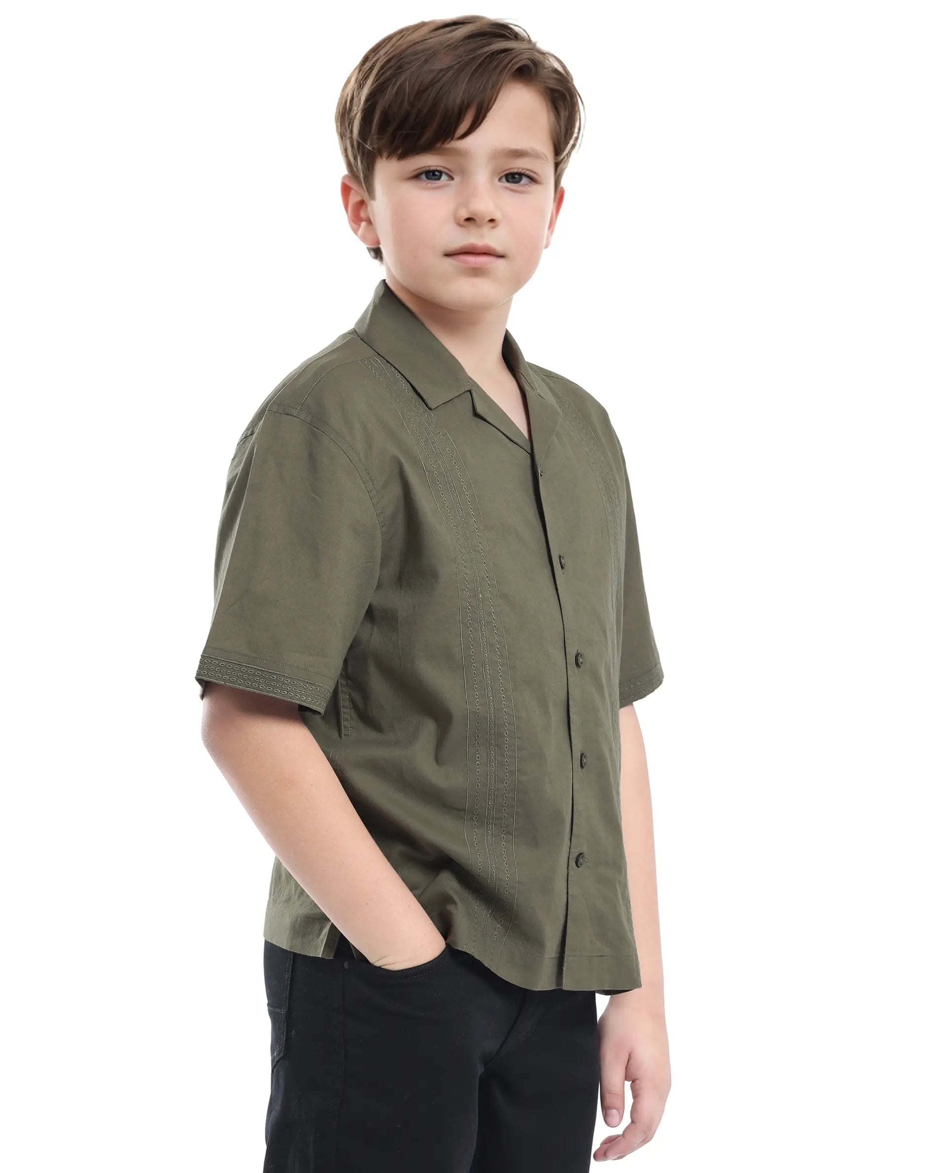 Rare Ones Kids Kyte-S Olive Cotton Half Sleeve Solid Button Closure Regular Fit Shirt