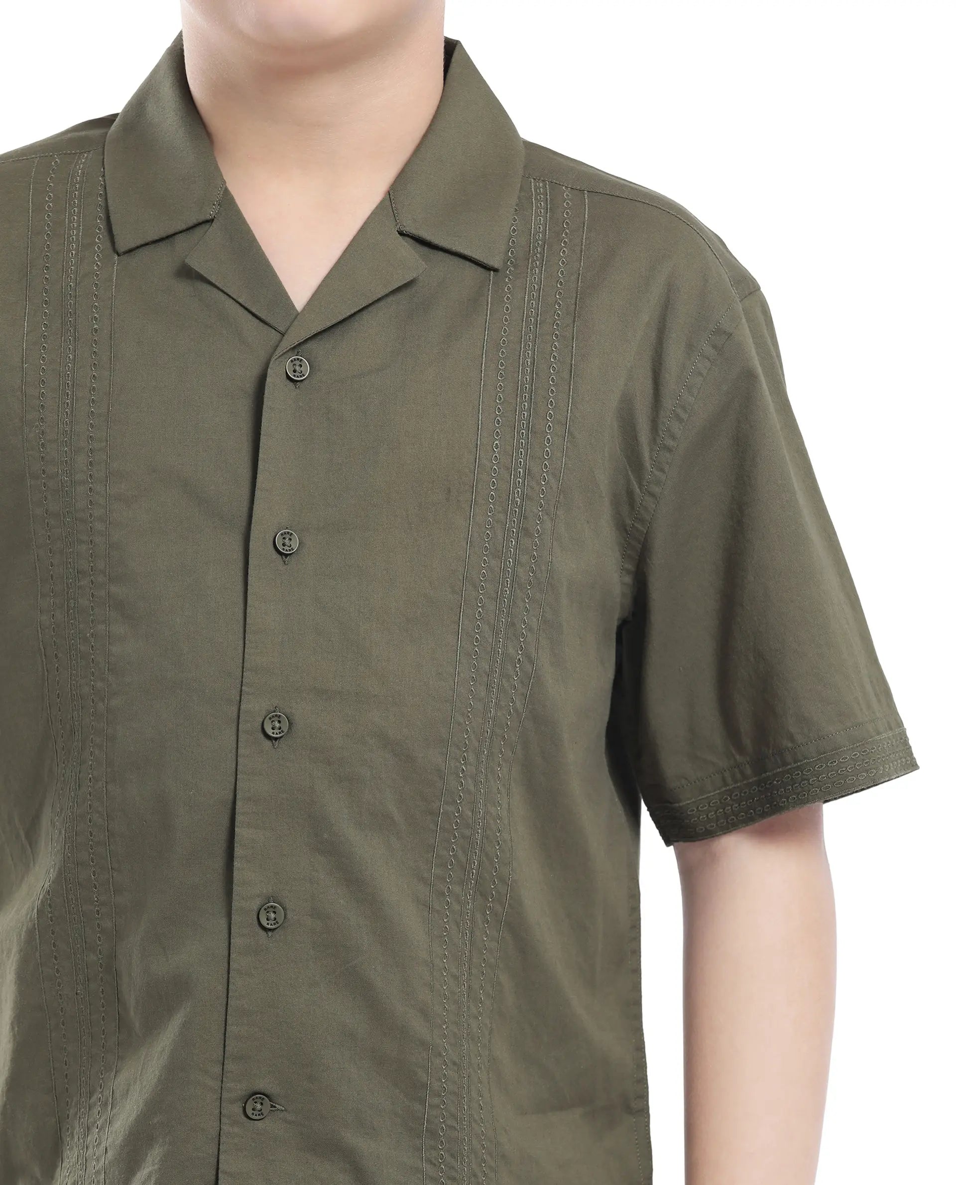 Rare Ones Kids Kyte-S Olive Cotton Half Sleeve Solid Button Closure Regular Fit Shirt