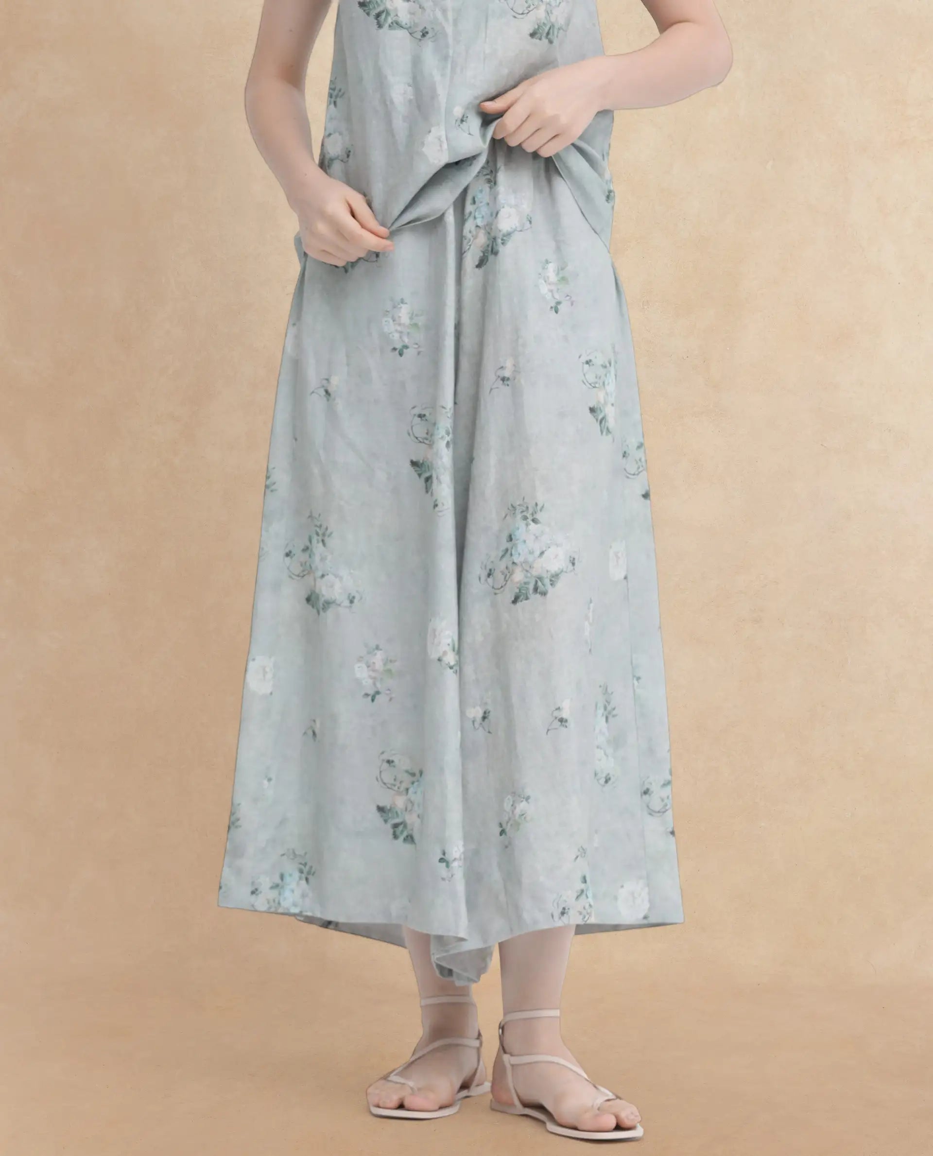 Rareism Women's Kyul-B Dusky Green Linen Floral Print Ankle Length Flared Trouser