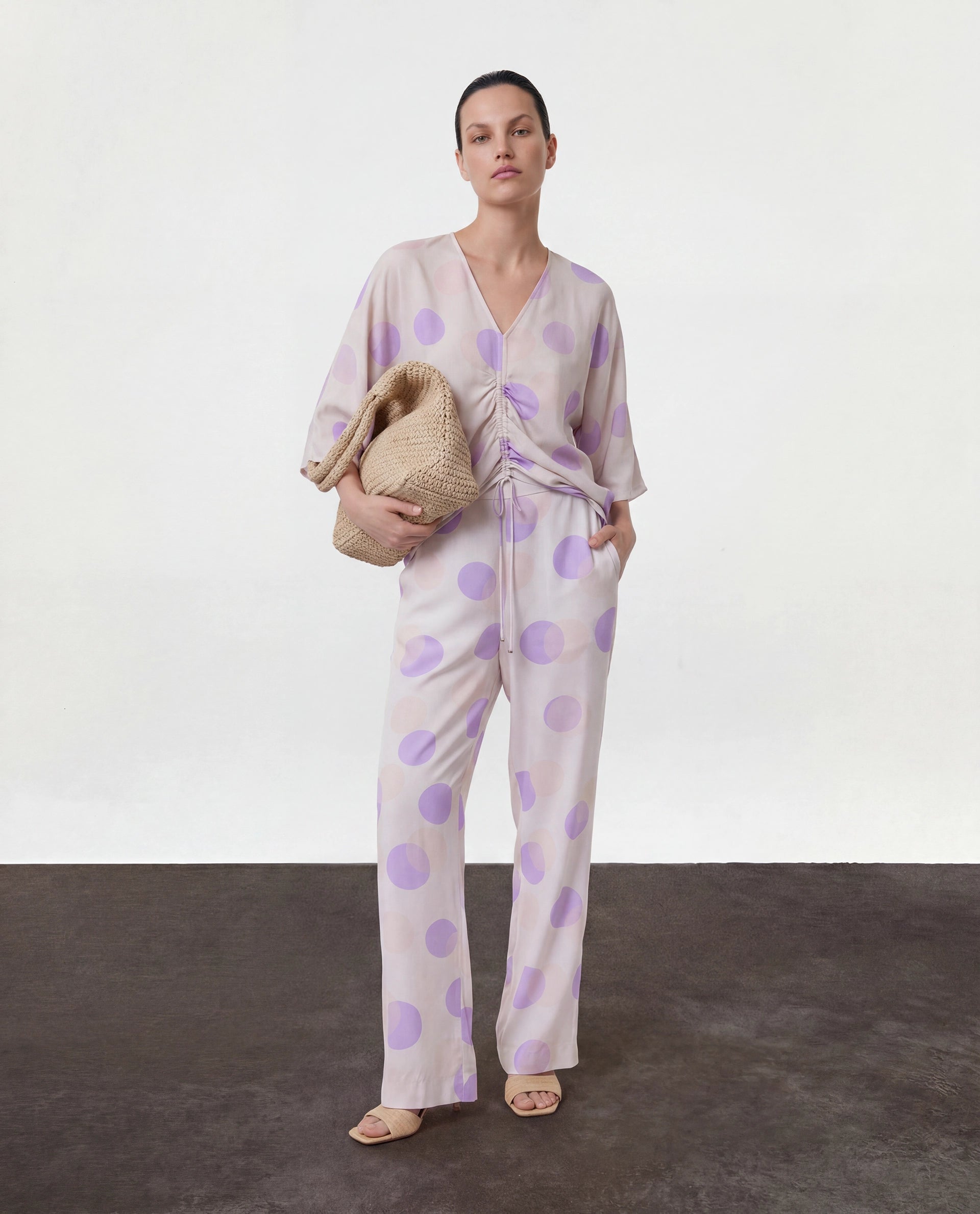 Rareism Women's Kelly Beige Viscose Polka Print Regular Fit Trouser