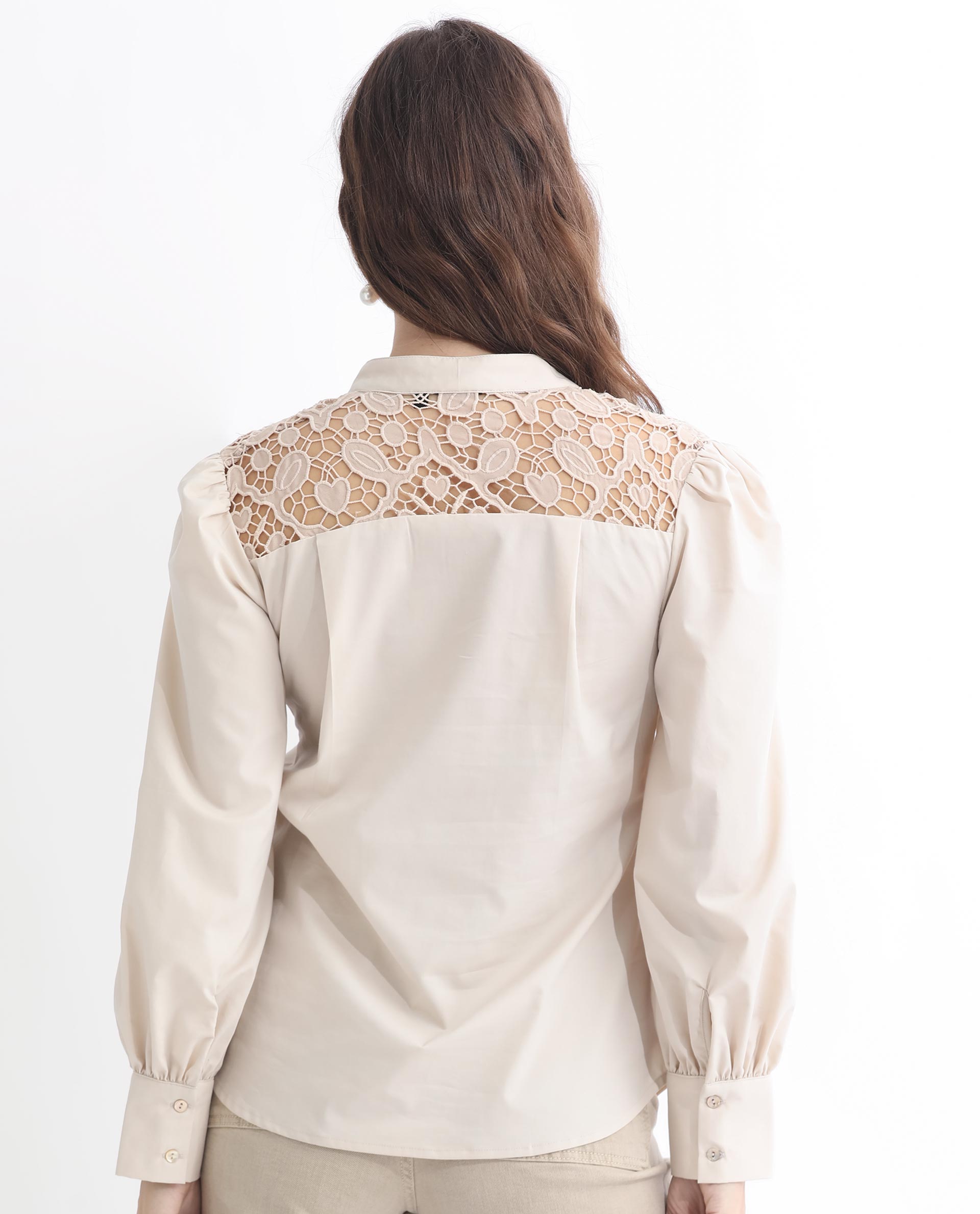 Rareism Women Laam Light Beige Cotton Blend Fabric Regular Fit Mandarin Collar Full Sleeves Solid Top