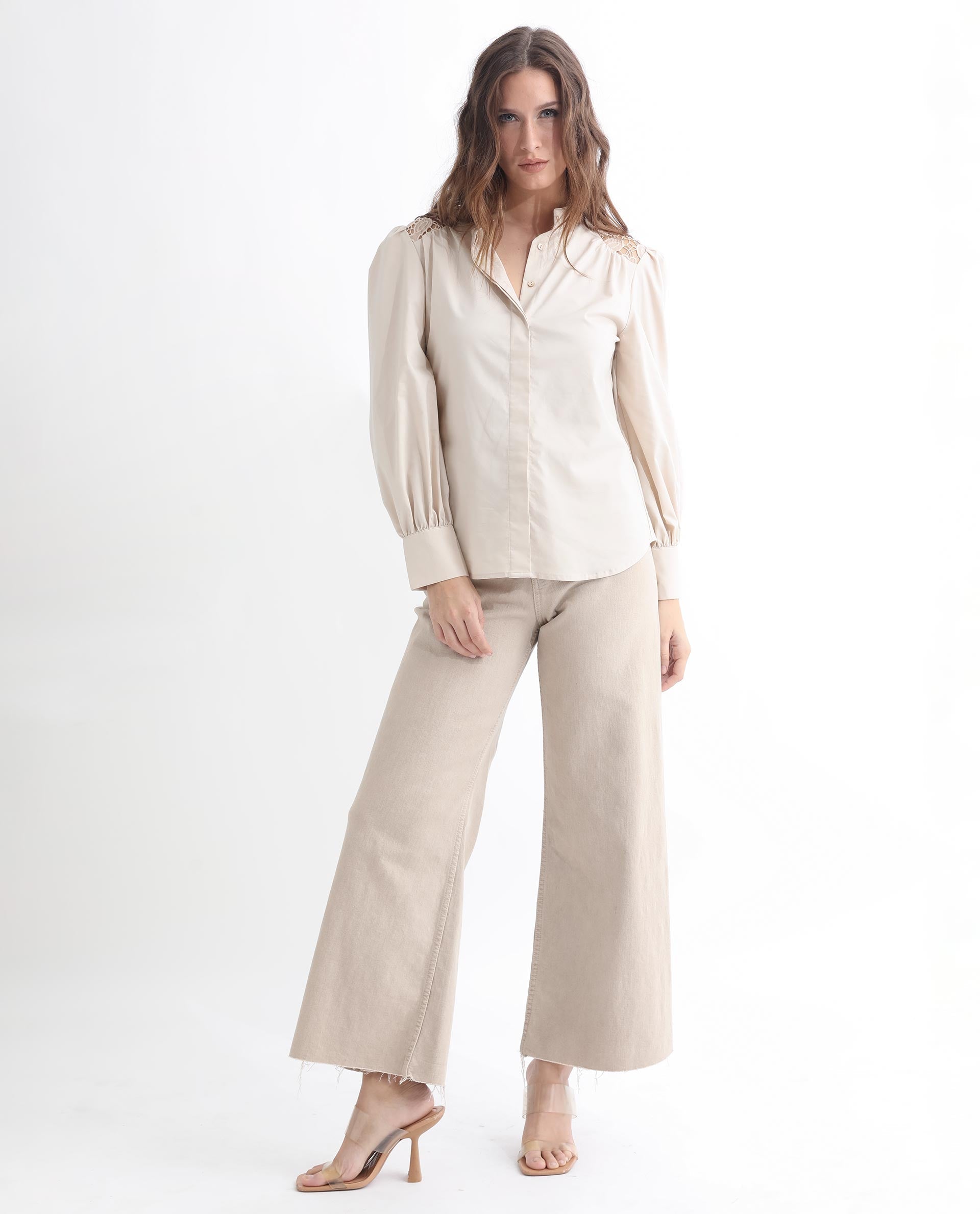 Rareism Women Laam Light Beige Cotton Blend Fabric Regular Fit Mandarin Collar Full Sleeves Solid Top