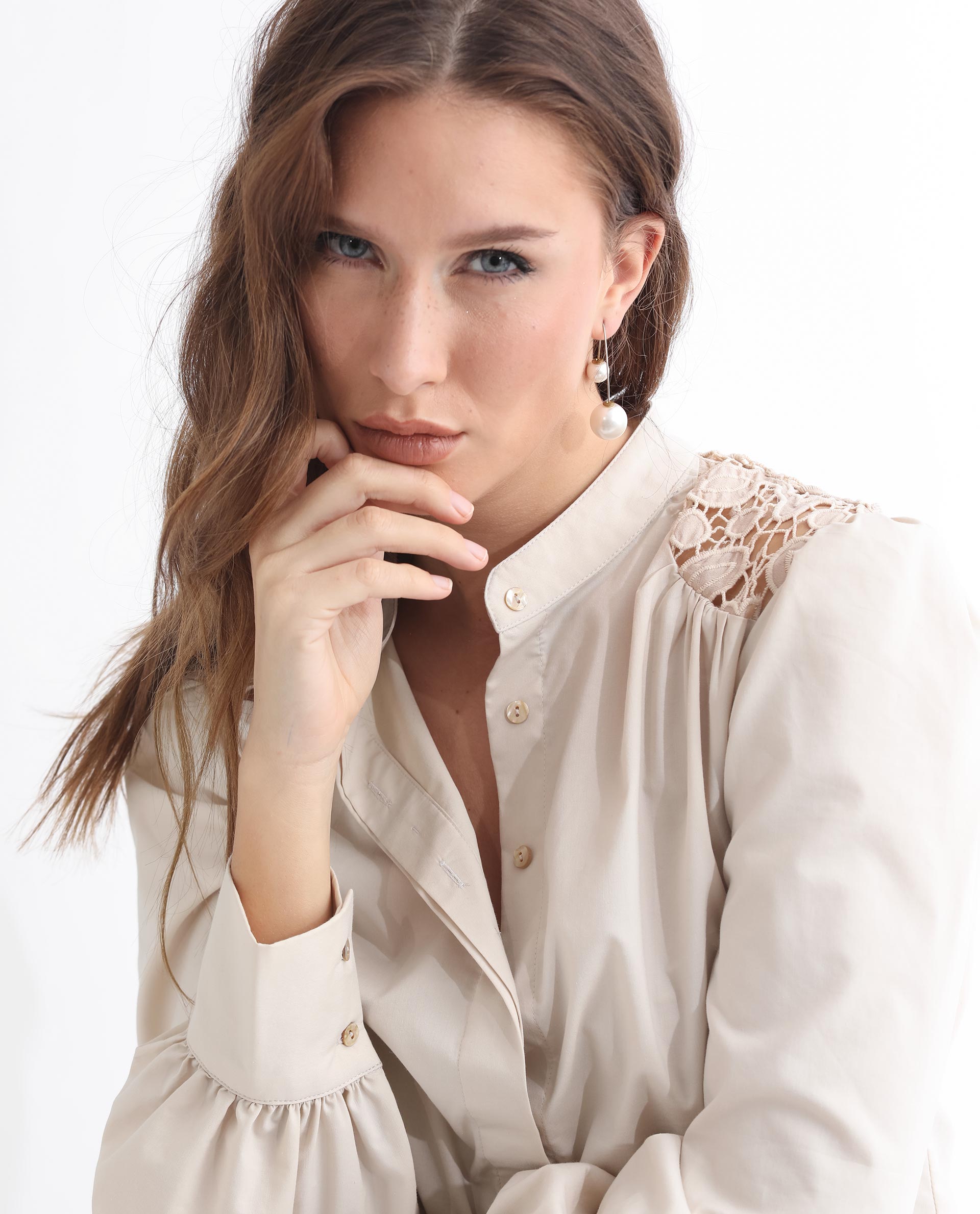 Rareism Women Laam Light Beige Cotton Blend Fabric Regular Fit Mandarin Collar Full Sleeves Solid Top