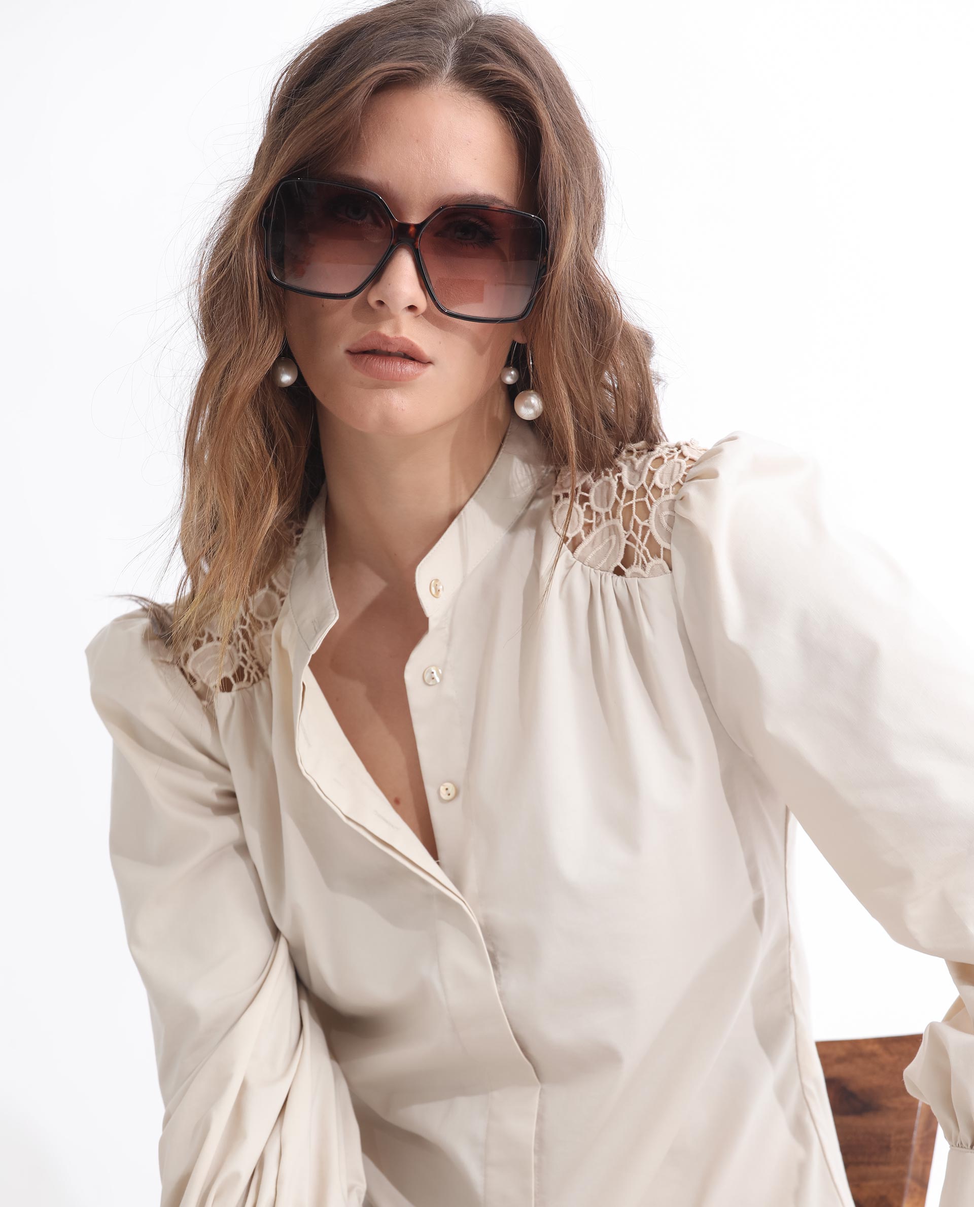 Rareism Women Laam Light Beige Cotton Blend Fabric Regular Fit Mandarin Collar Full Sleeves Solid Top