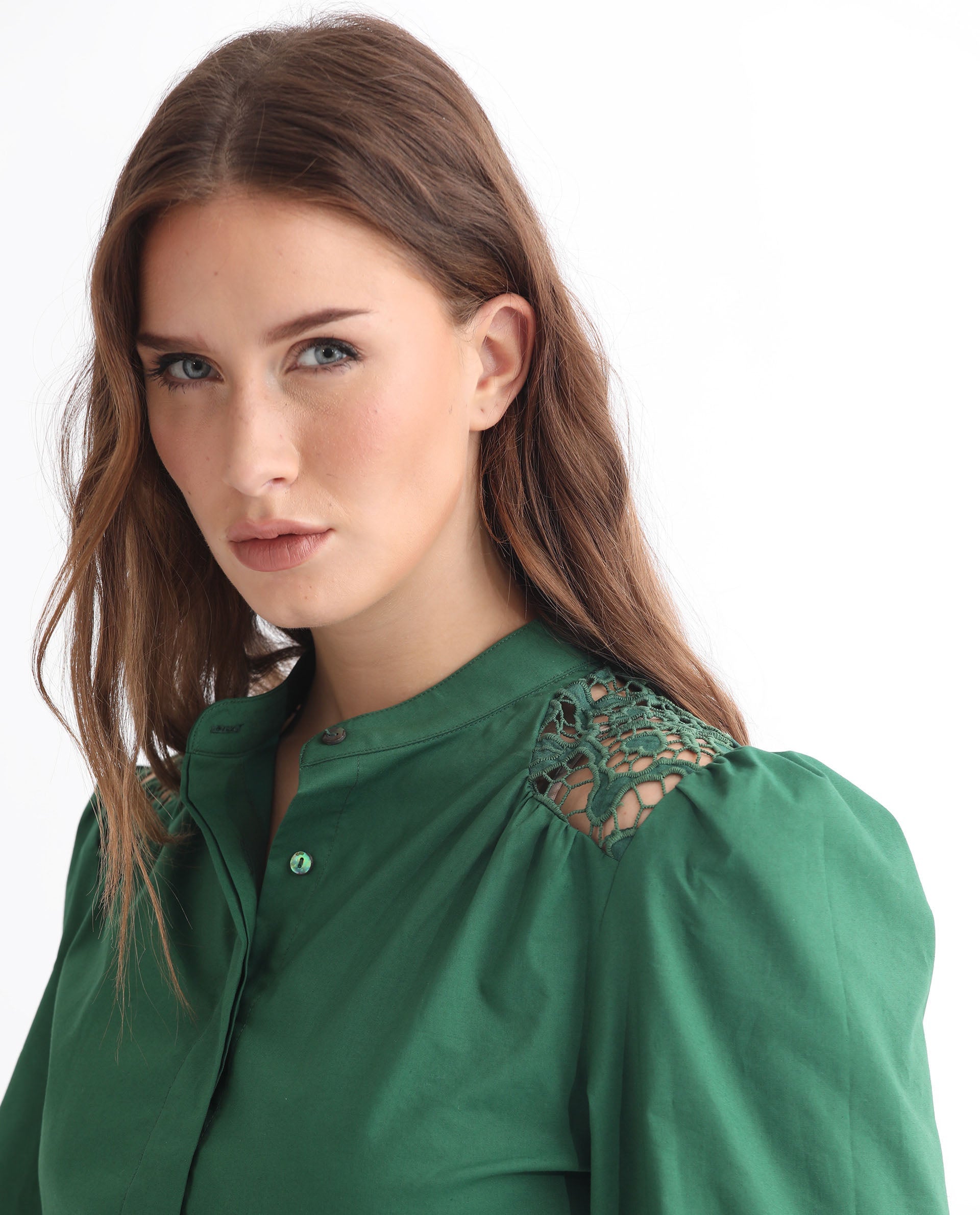 Rareism Women Laam Dark Green Cotton Blend Fabric Regular Fit Mandarin Collar Full Sleeves Solid Top