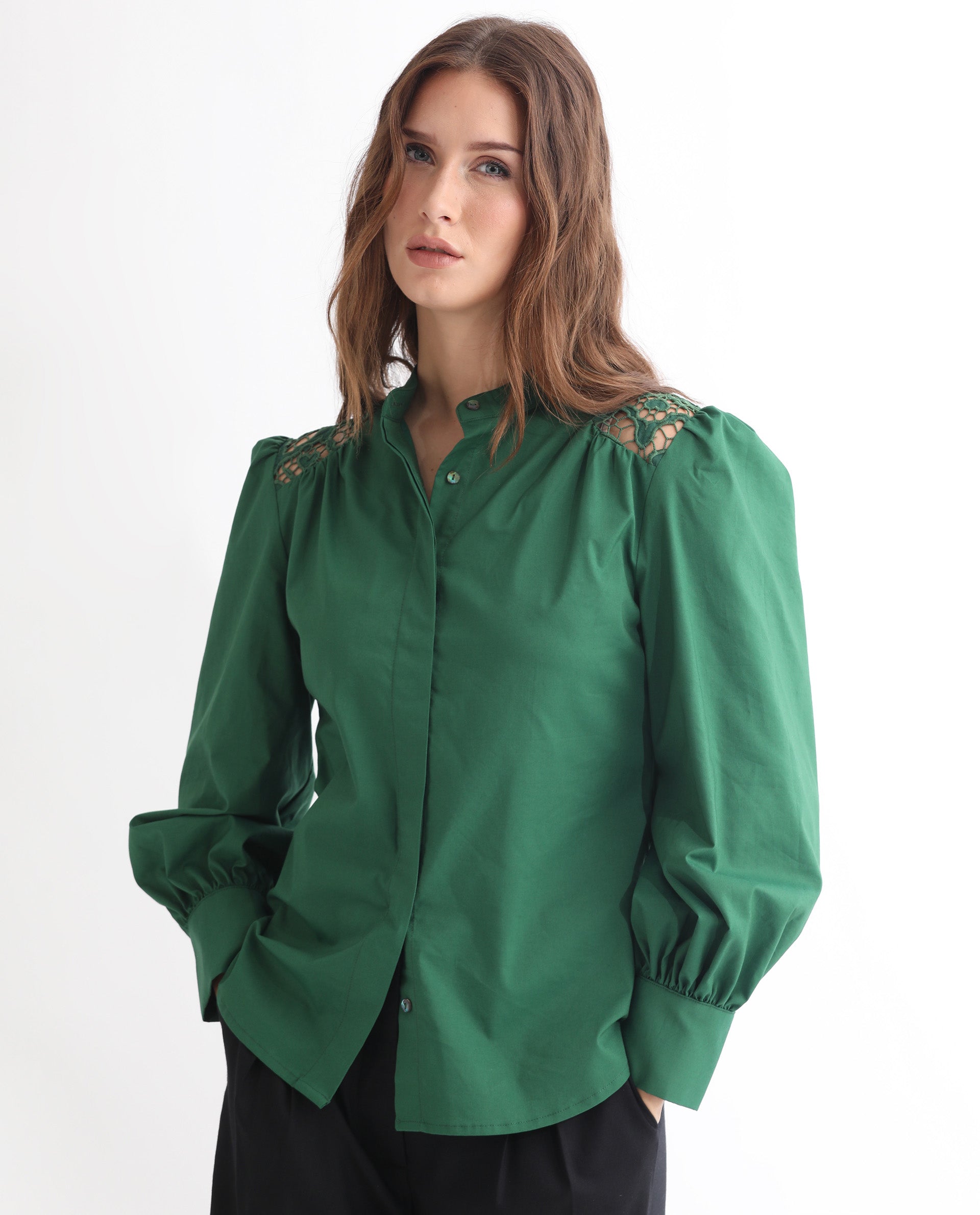 Rareism Women Laam Dark Green Cotton Blend Fabric Regular Fit Mandarin Collar Full Sleeves Solid Top