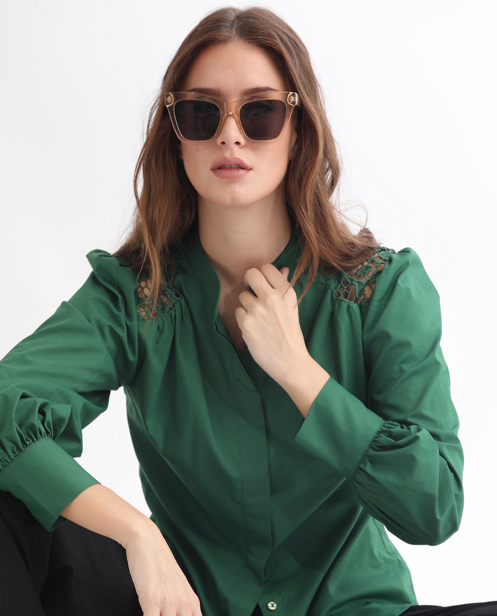 Rareism Women Laam Dark Green Cotton Blend Fabric Regular Fit Mandarin Collar Full Sleeves Solid Top