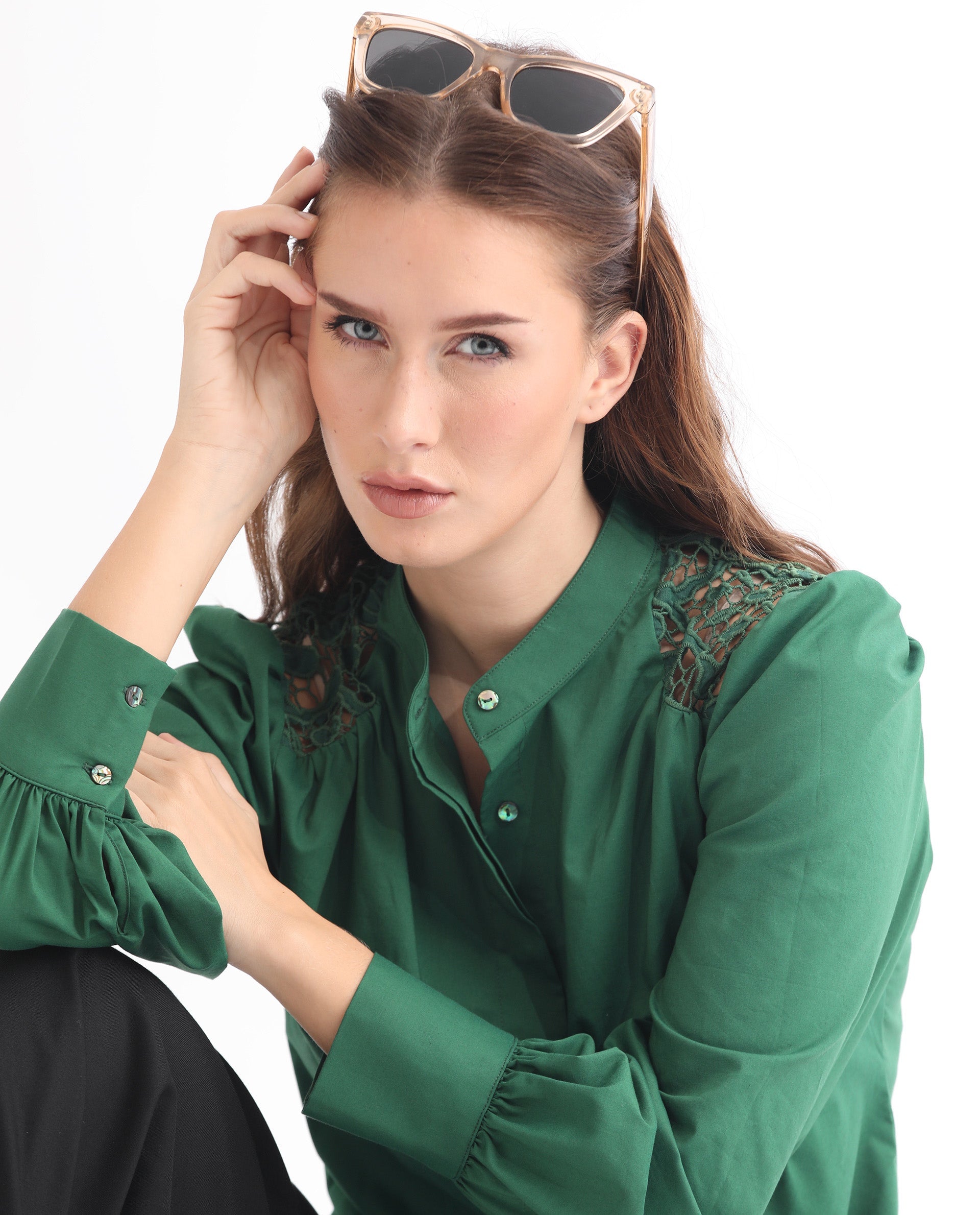 Rareism Women Laam Dark Green Cotton Blend Fabric Regular Fit Mandarin Collar Full Sleeves Solid Top