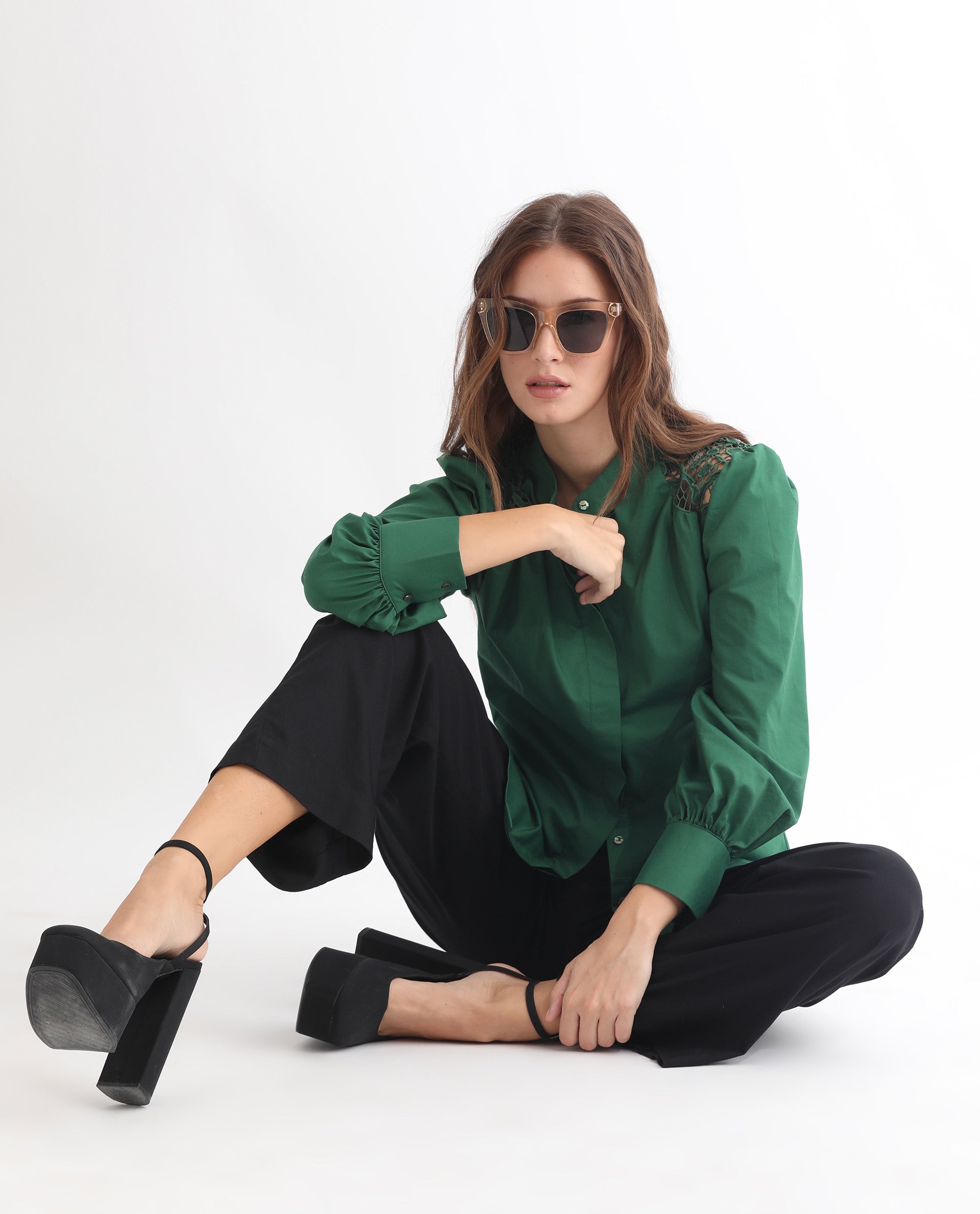 Rareism Women Laam Dark Green Cotton Blend Fabric Regular Fit Mandarin Collar Full Sleeves Solid Top