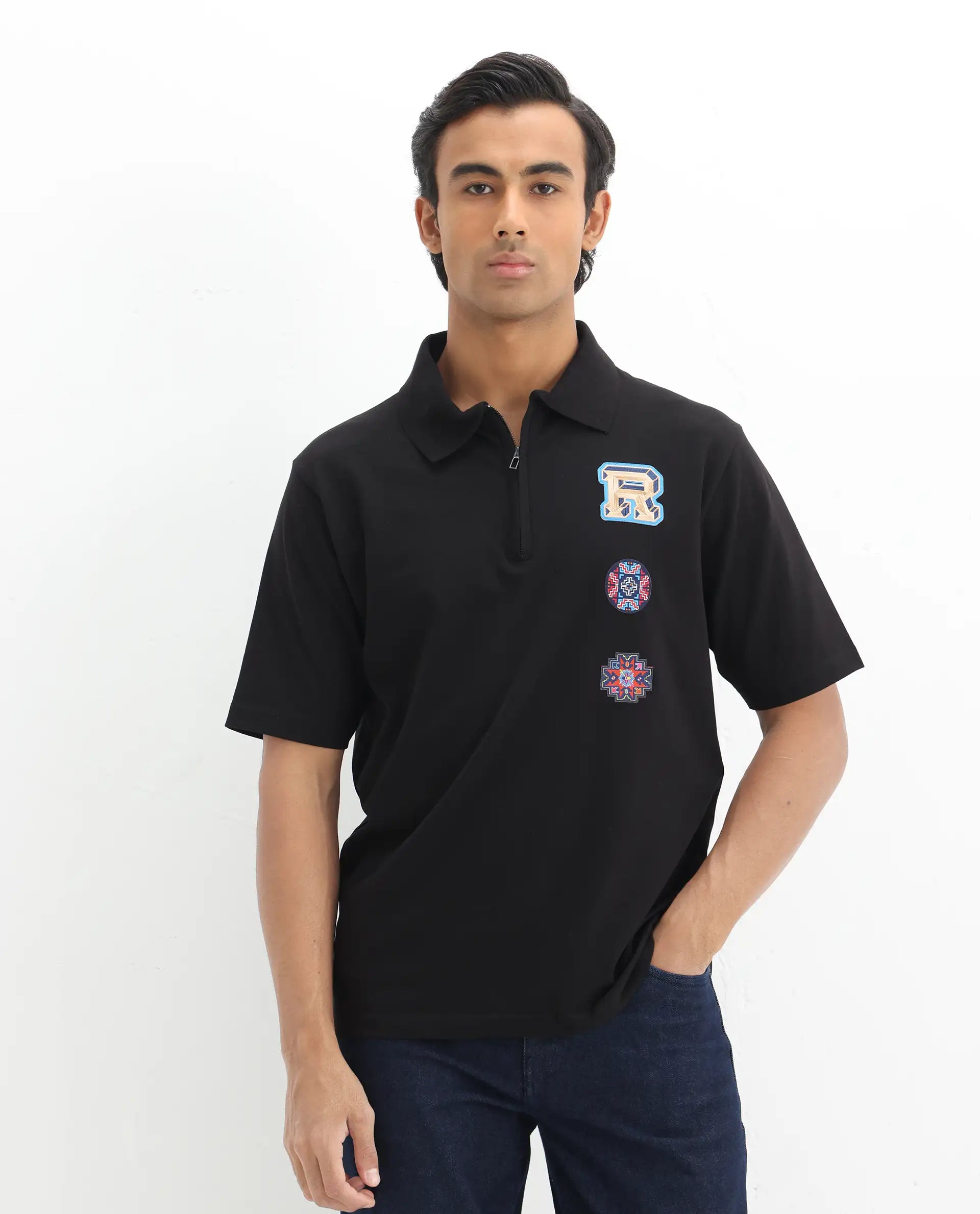Rare Rabbit Men's Labe Black Cotton Plain Oversized Fit Half Sleeve Polo