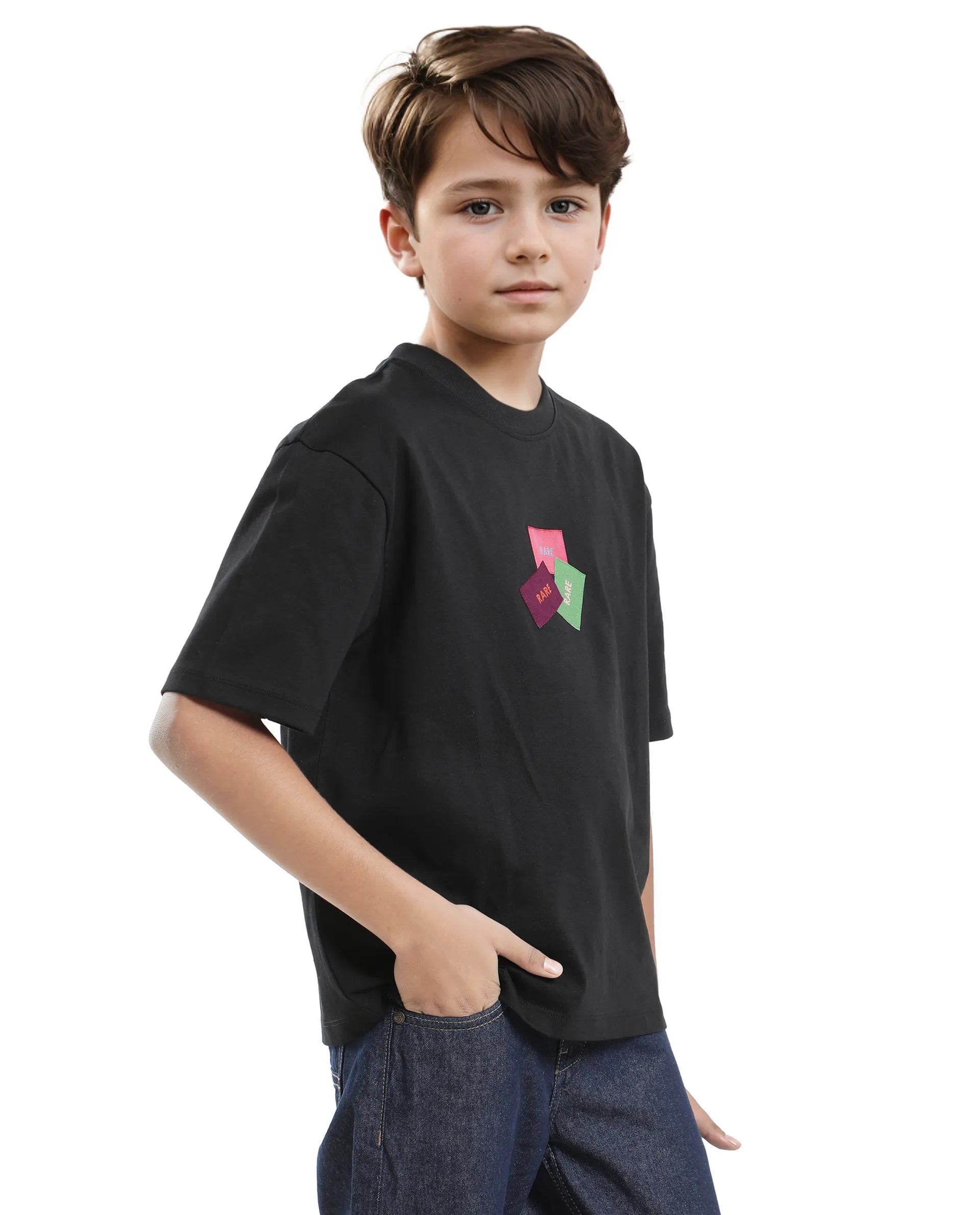 Rare Ones Kids Labez-T Black Cotton Solid Slip-On Oversized Fit T-Shirt