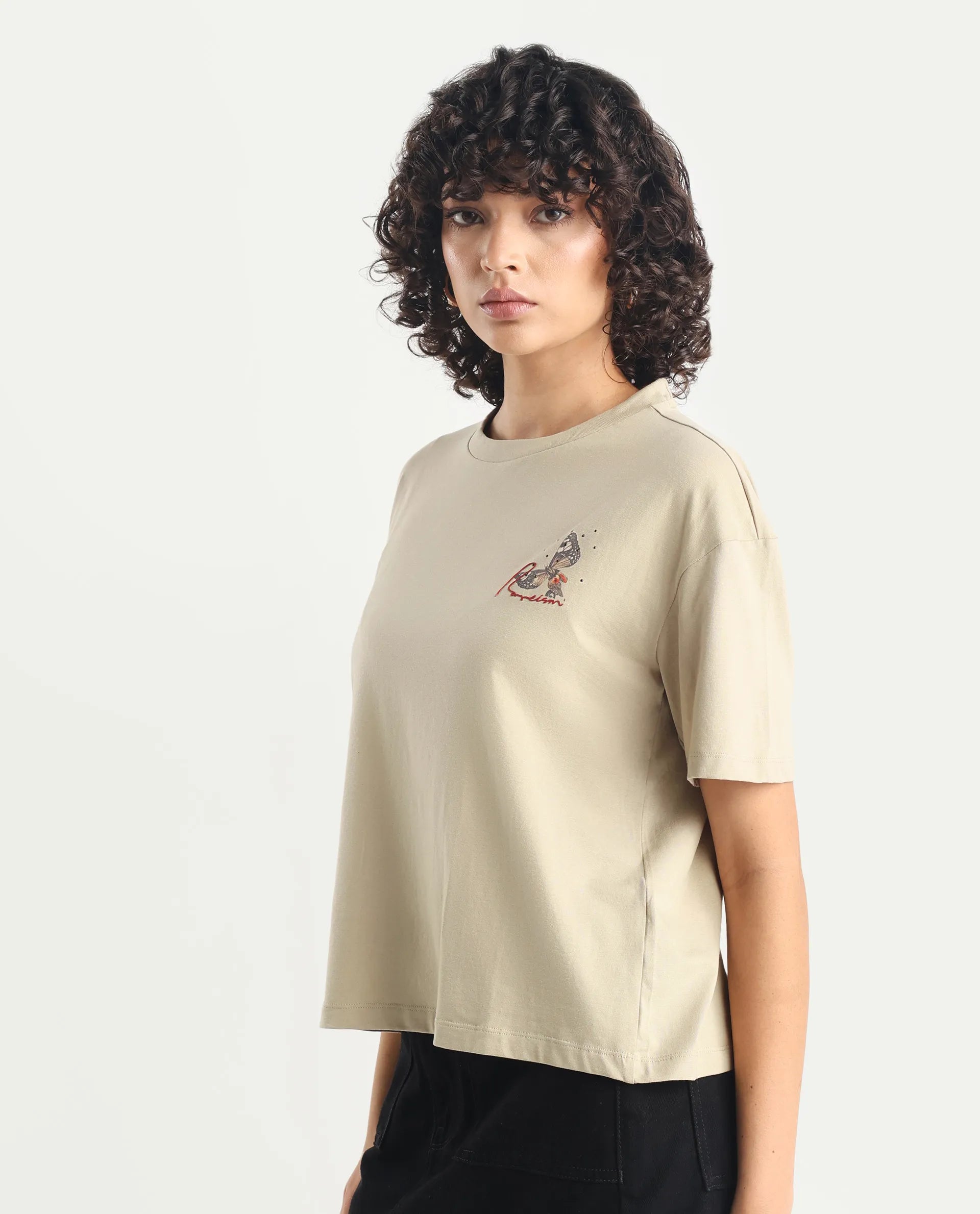 Rareism Women's Ladio Khaki Cotton Blend Crew Neck Graphic Print Relaxed Fit T-Shirt