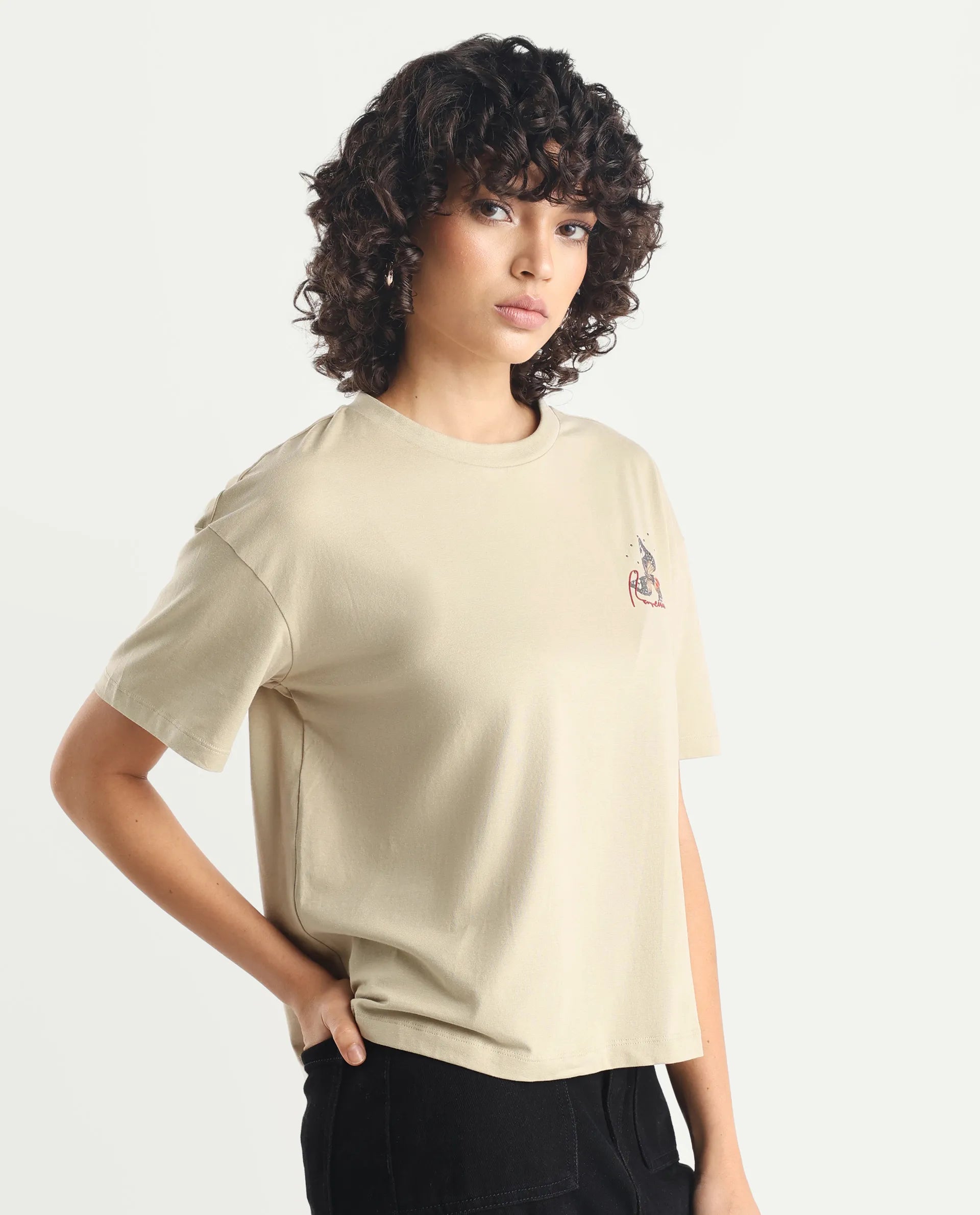 Rareism Women's Ladio Khaki Cotton Blend Crew Neck Graphic Print Relaxed Fit T-Shirt