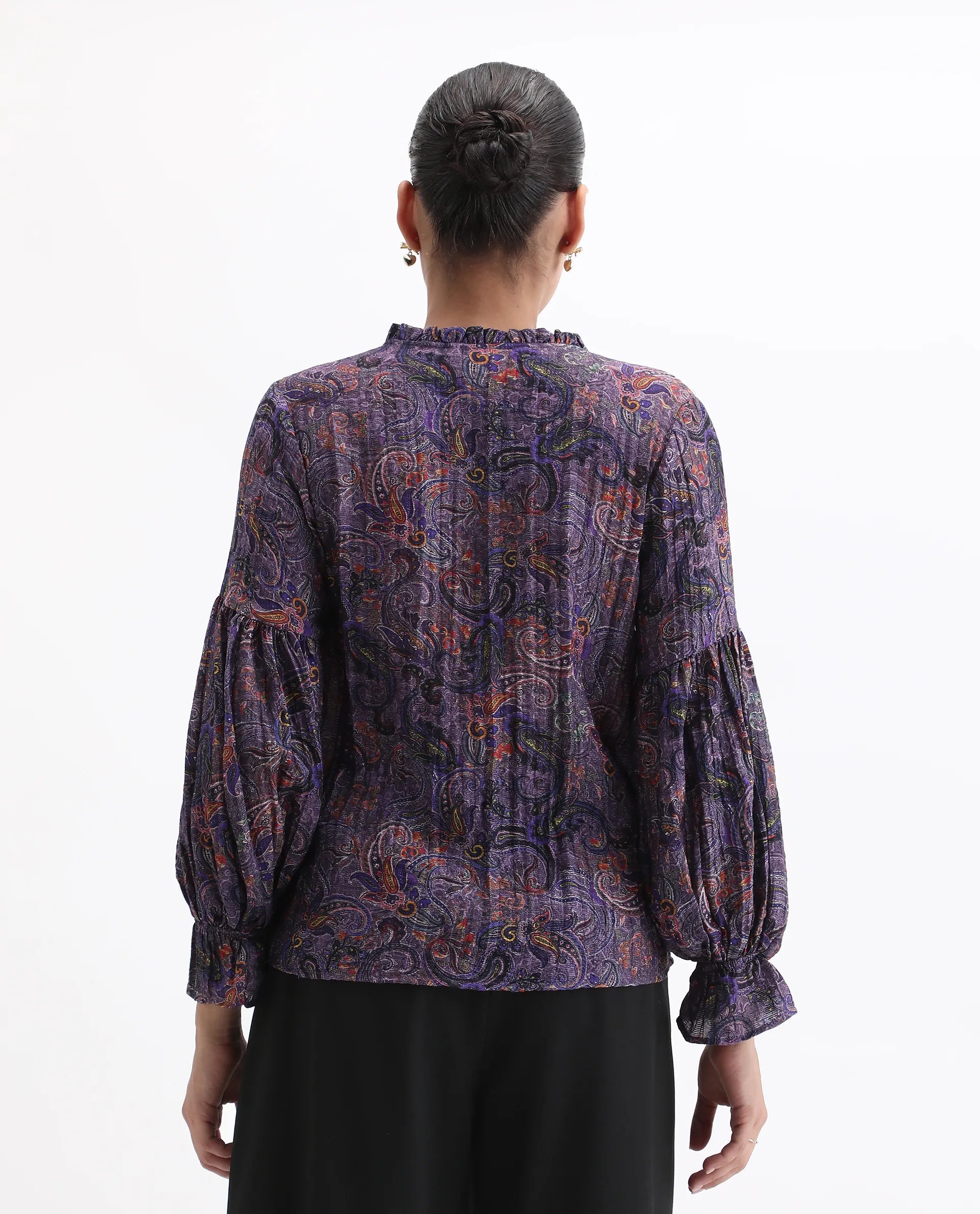 Rareism Women's Lafia Multi Viscose V-Neck Paisley Print Lantern Sleeve Regular Fit Top