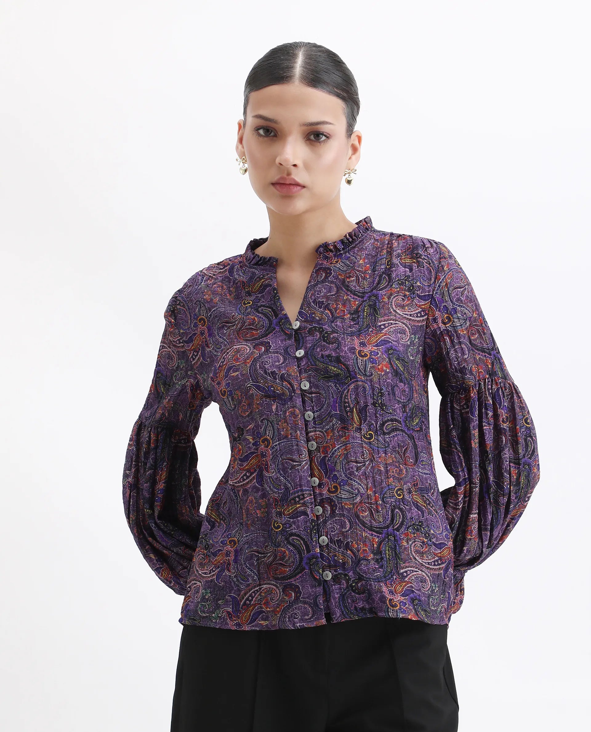 Rareism Women's Lafia Multi Viscose V-Neck Paisley Print Lantern Sleeve Regular Fit Top
