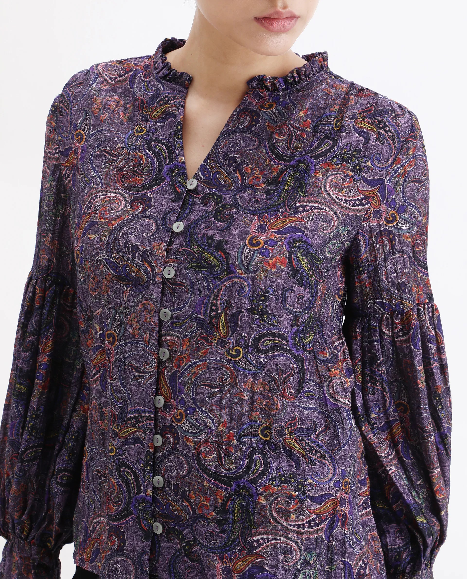 Rareism Women's Lafia Multi Viscose V-Neck Paisley Print Lantern Sleeve Regular Fit Top