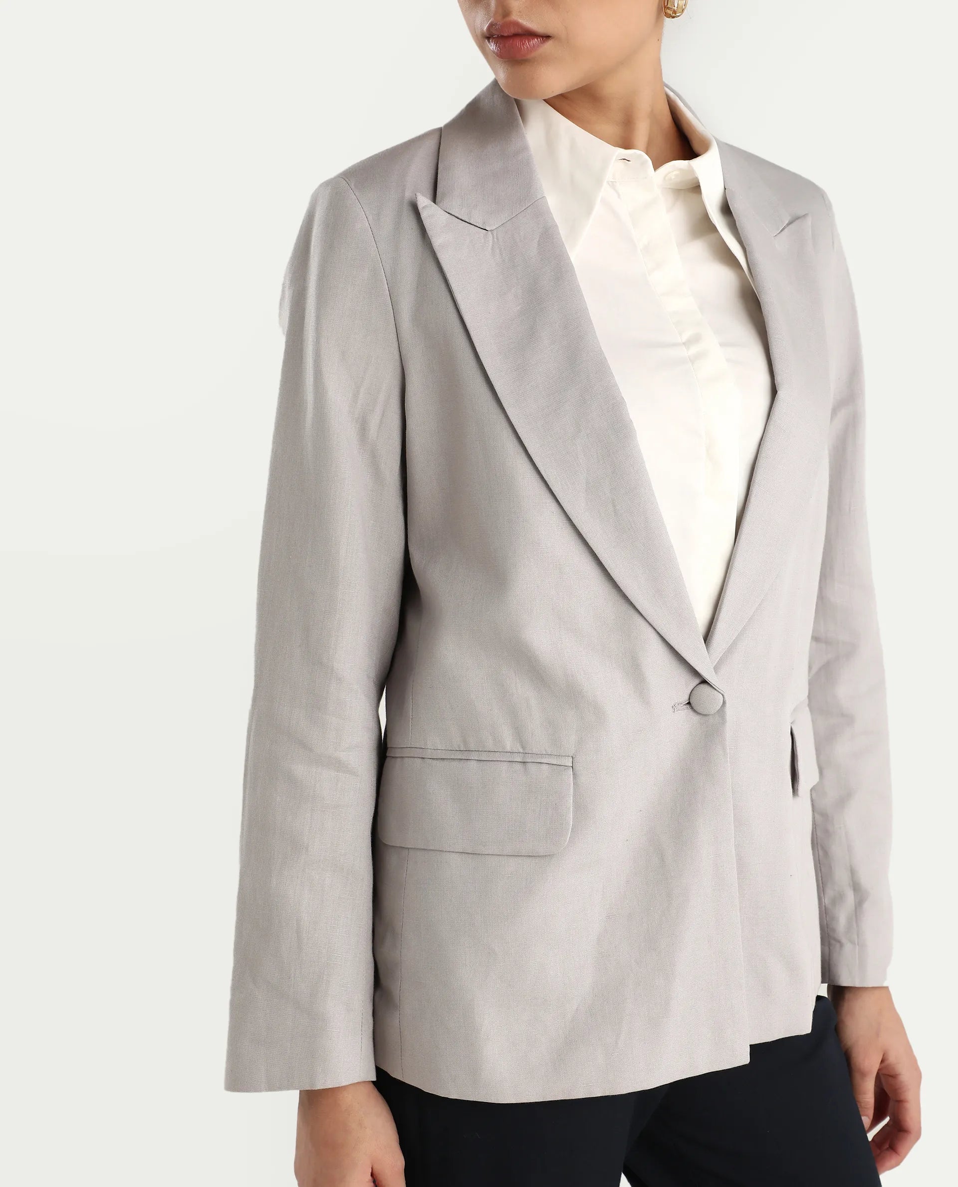Rareism Women's Laika Grey Linen Lapel Neck Plain Regular Fit Blazer