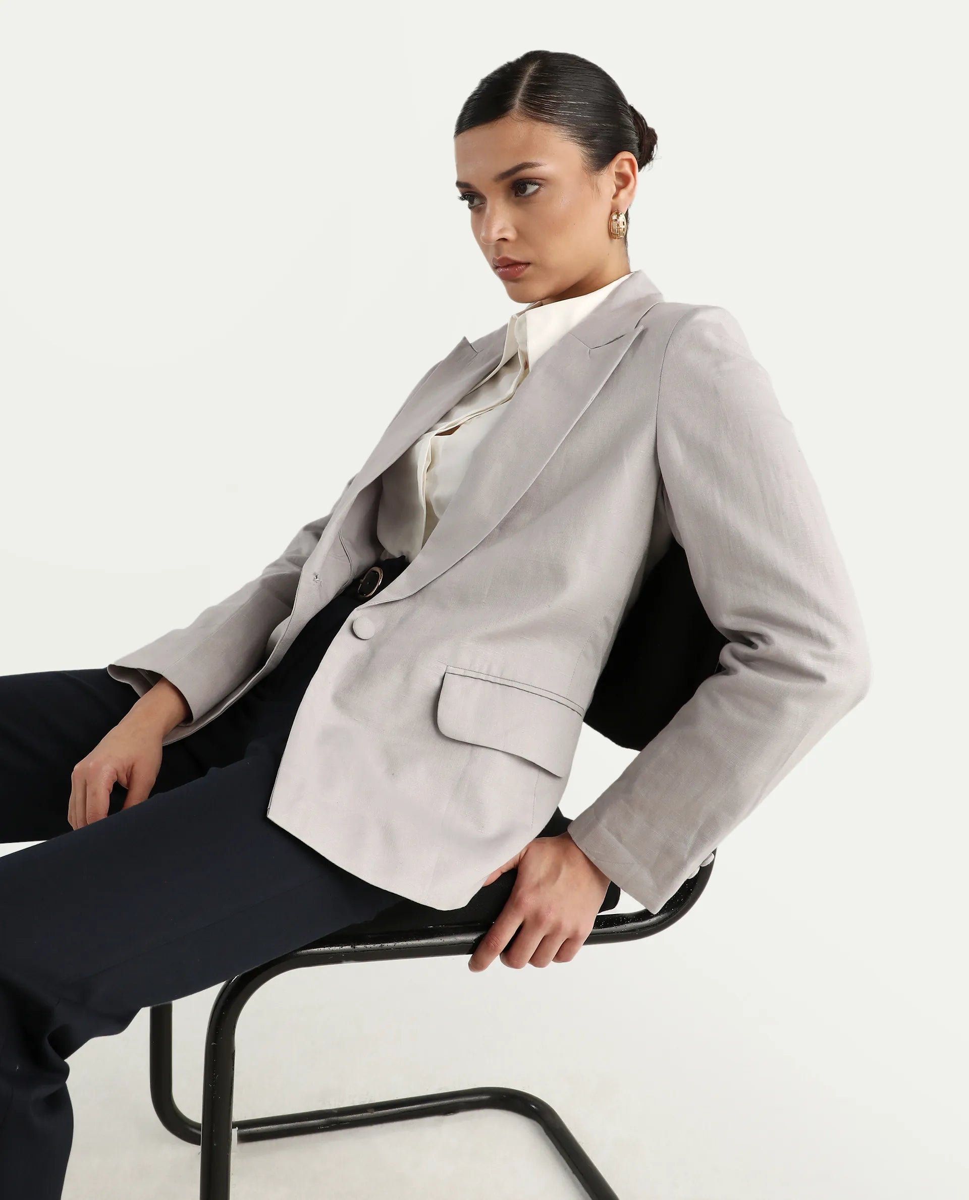 Rareism Women's Laika Grey Linen Lapel Neck Plain Regular Fit Blazer