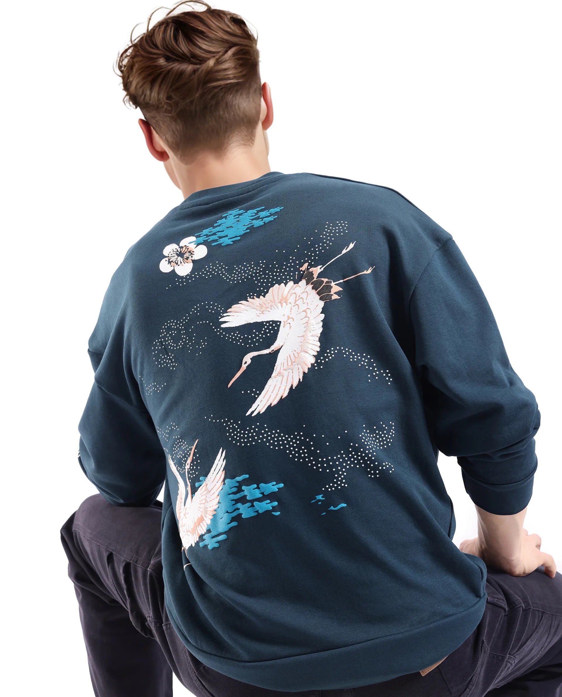 Rare Rabbit Men's Lain Petrol Cotton Blend Fabric Full Sleeve Crew Nec