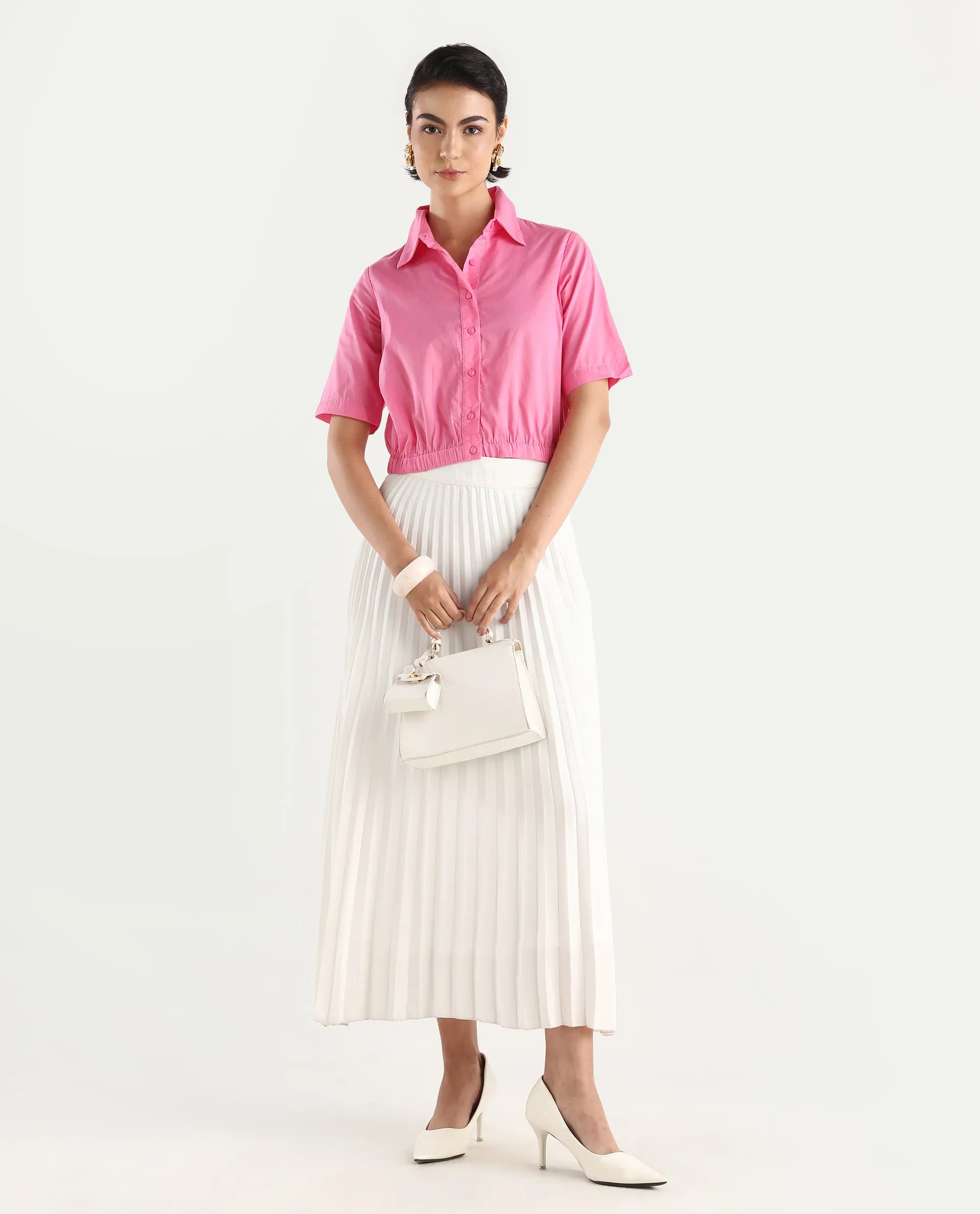 Rareism Women's Lakeavi Pink Cotton Spread Collar Plain Crop Regular Fit Top