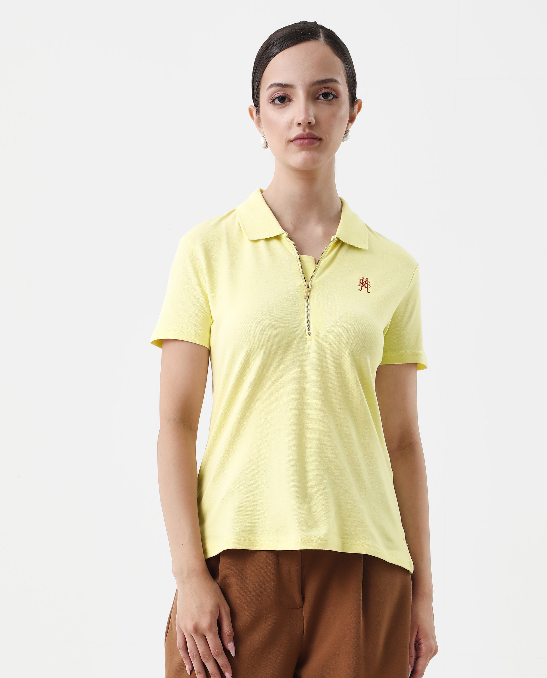 Rareism Women's Laken Pastel Green Cotton Blend Polo Neck Plain Regular Fit Polo