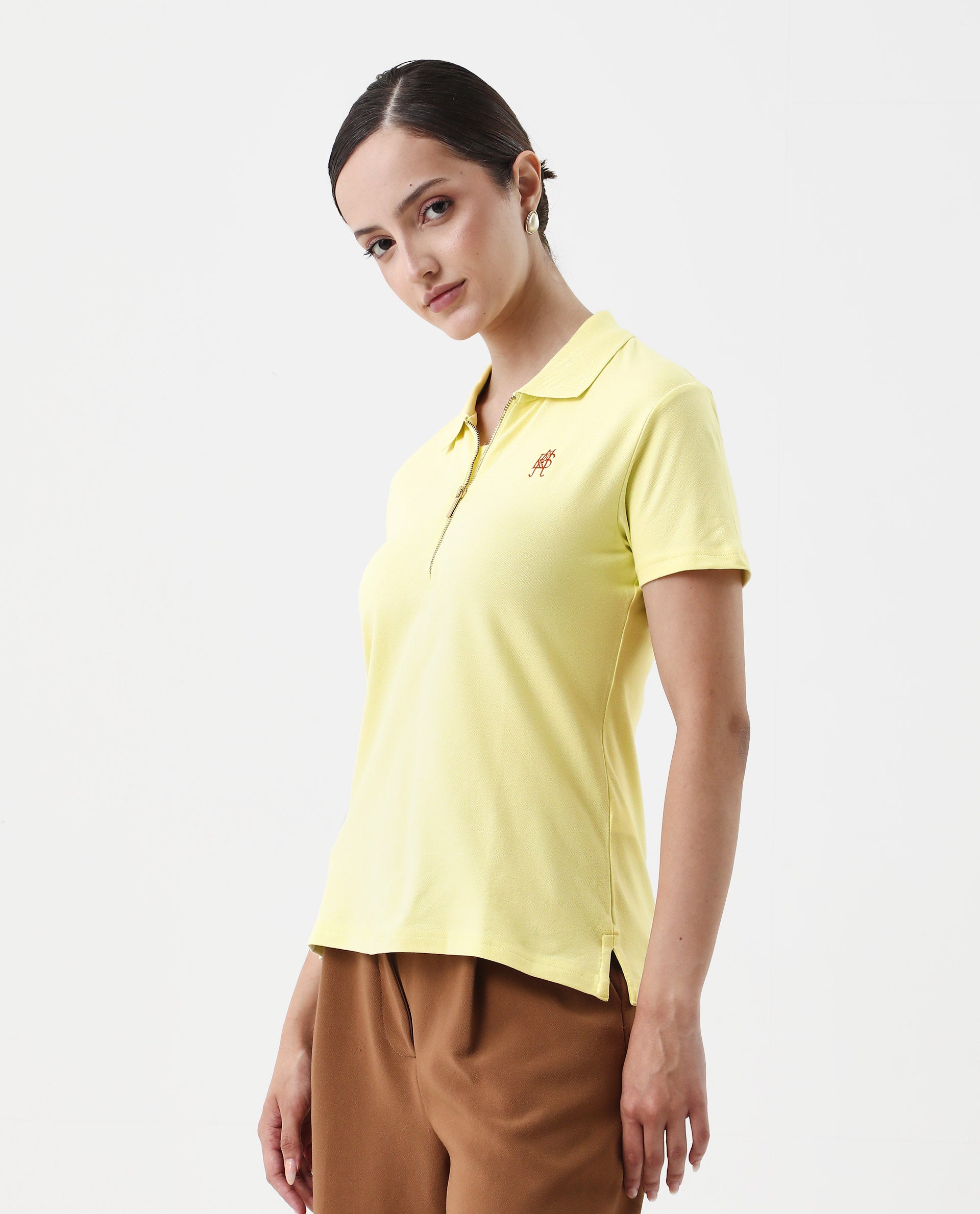 Rareism Women's Laken Pastel Green Cotton Blend Polo Neck Plain Regular Fit Polo