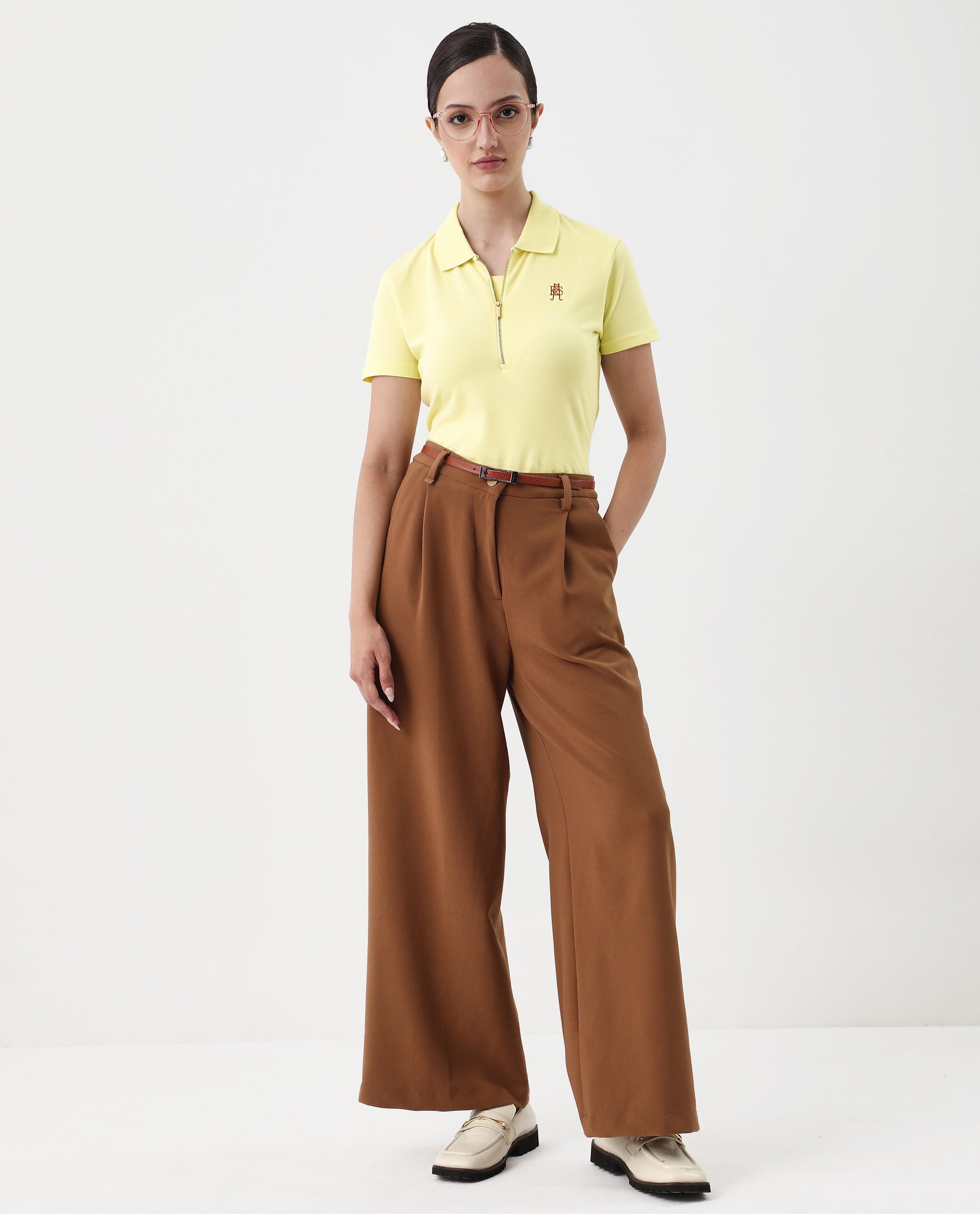 Rareism Women's Laken Pastel Green Cotton Blend Polo Neck Plain Regular Fit Polo