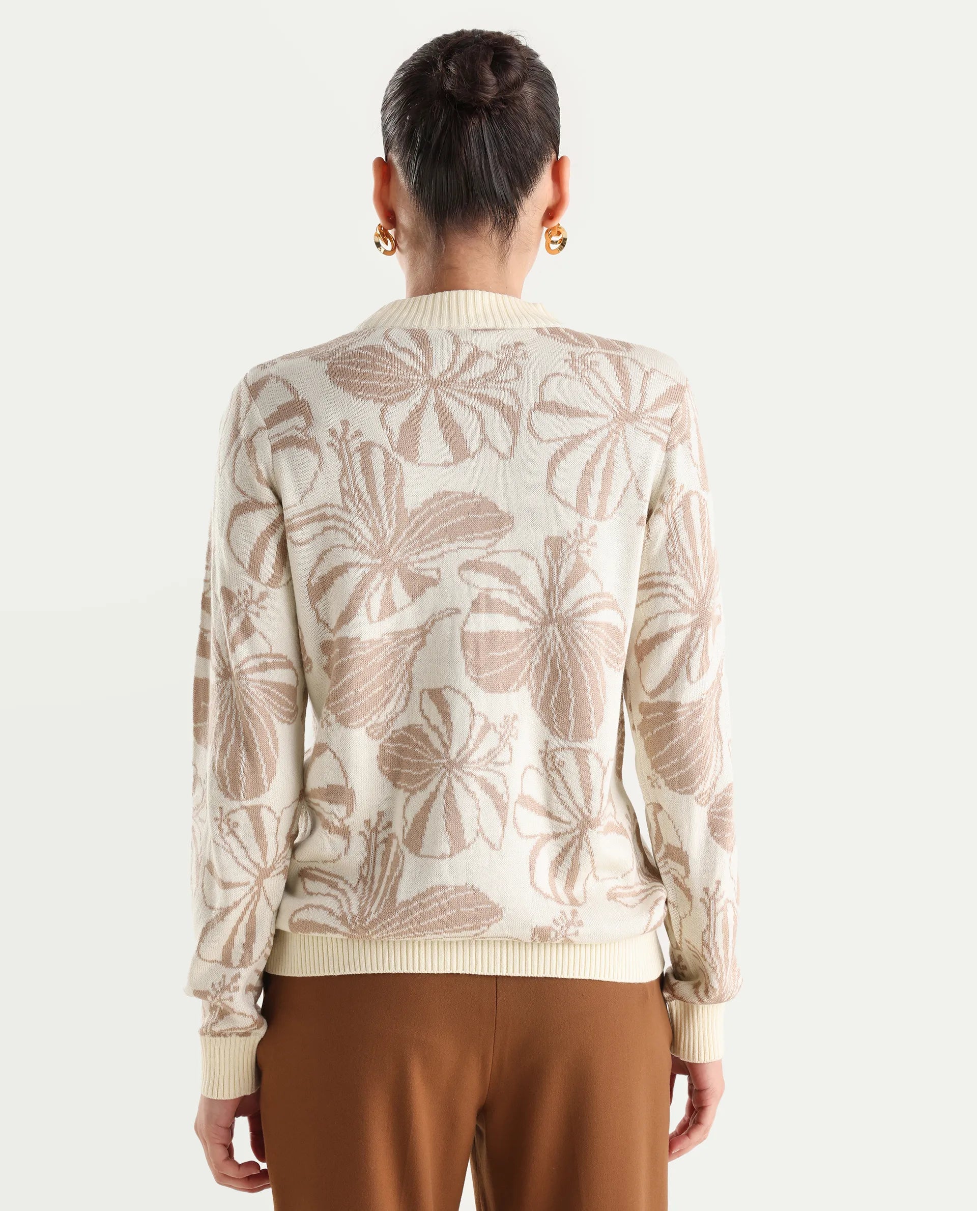 Rareism Women's Lakent Beige Acrylic Crew Neck Jacquard Regular Fit Sweater