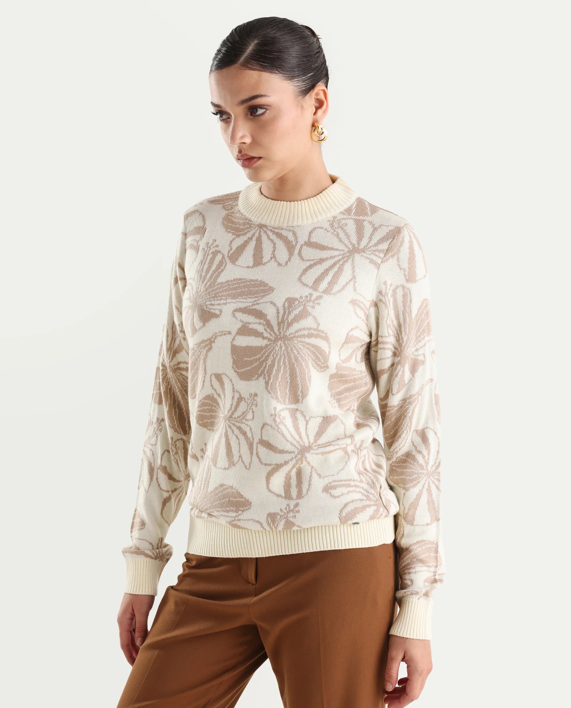 Rareism Women's Lakent Beige Acrylic Crew Neck Jacquard Regular Fit Sweater