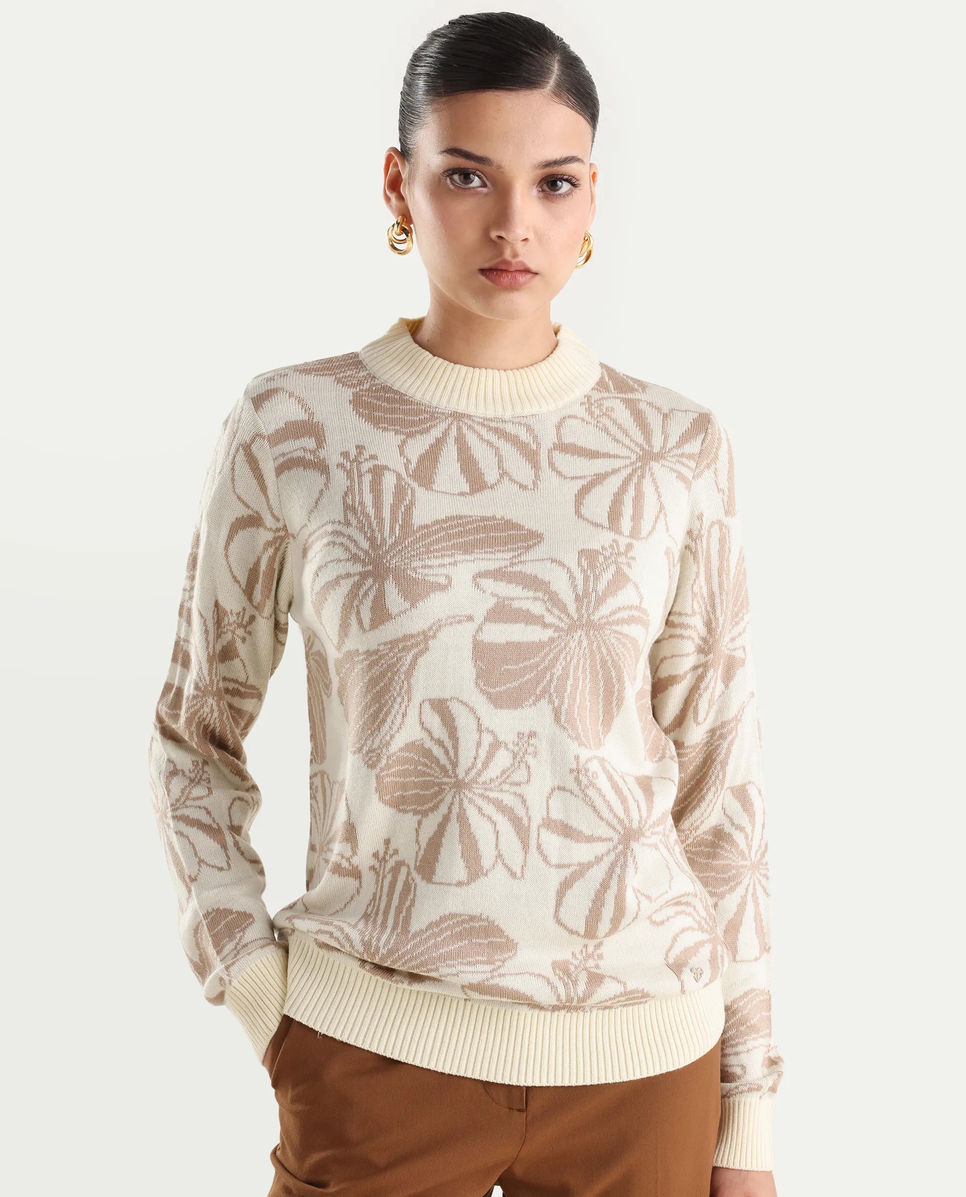 Rareism Women's Lakent Beige Acrylic Crew Neck Jacquard Regular Fit Sweater