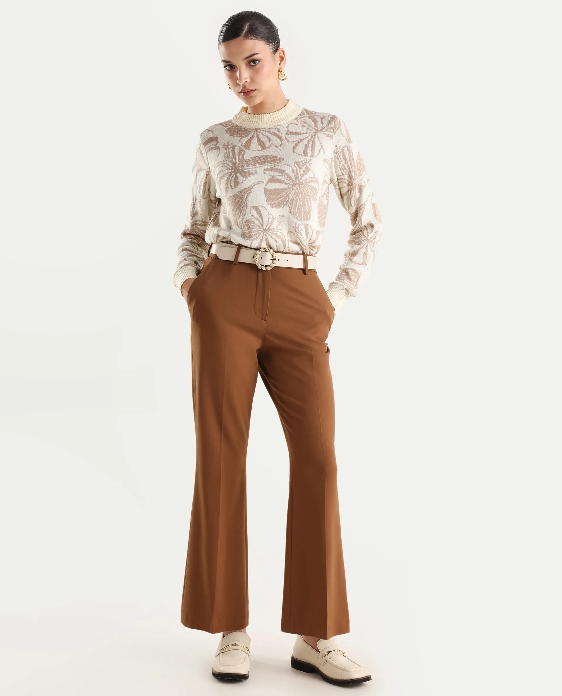 Rareism Women's Lakent Beige Acrylic Crew Neck Jacquard Regular Fit Sweater