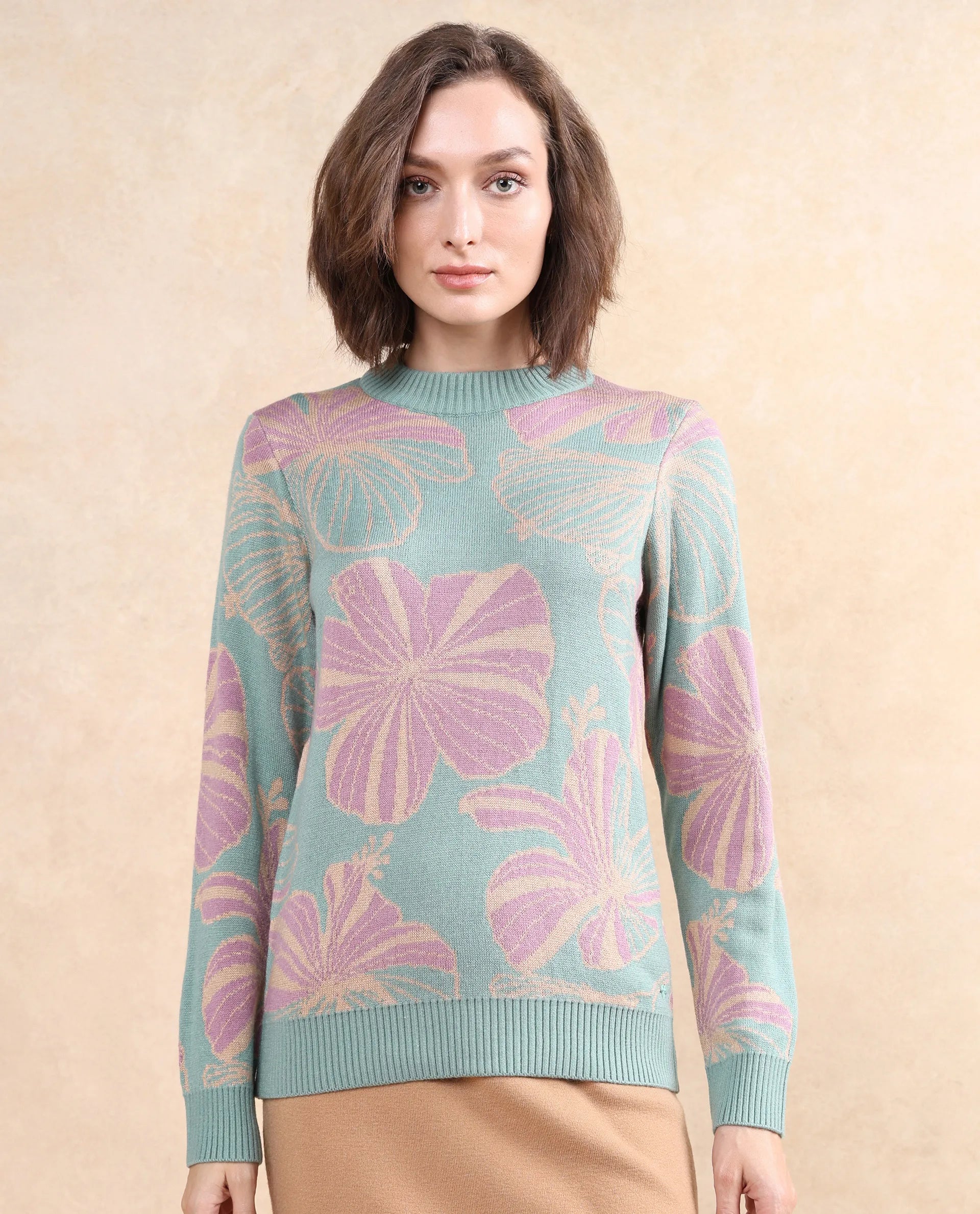 Rareism Women Lakent Light Blue Relaxed Fit Jacquard Sweater