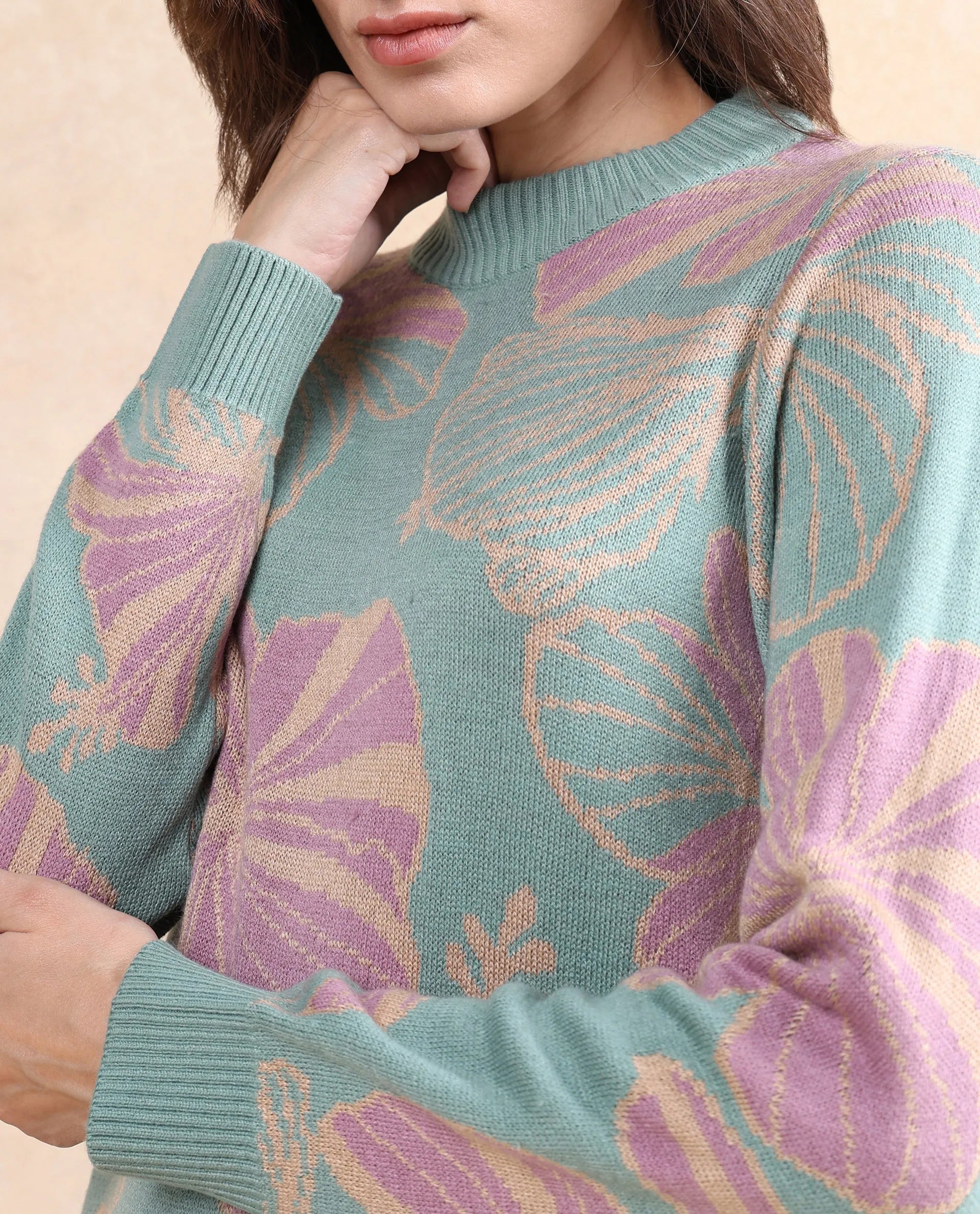 Rareism Women Lakent Light Blue Relaxed Fit Jacquard Sweater