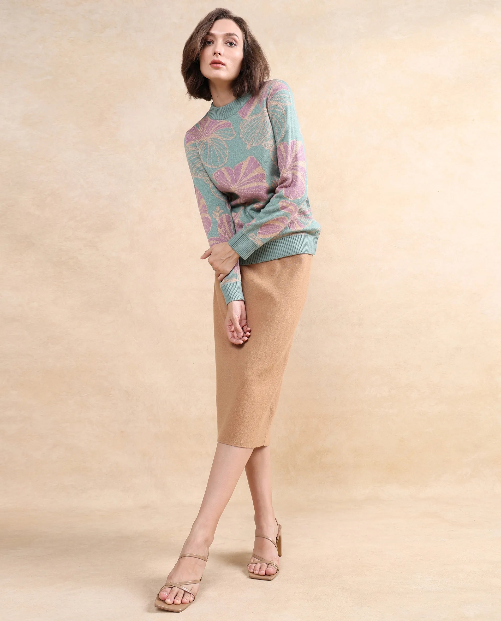 Rareism Women Lakent Light Blue Relaxed Fit Jacquard Sweater