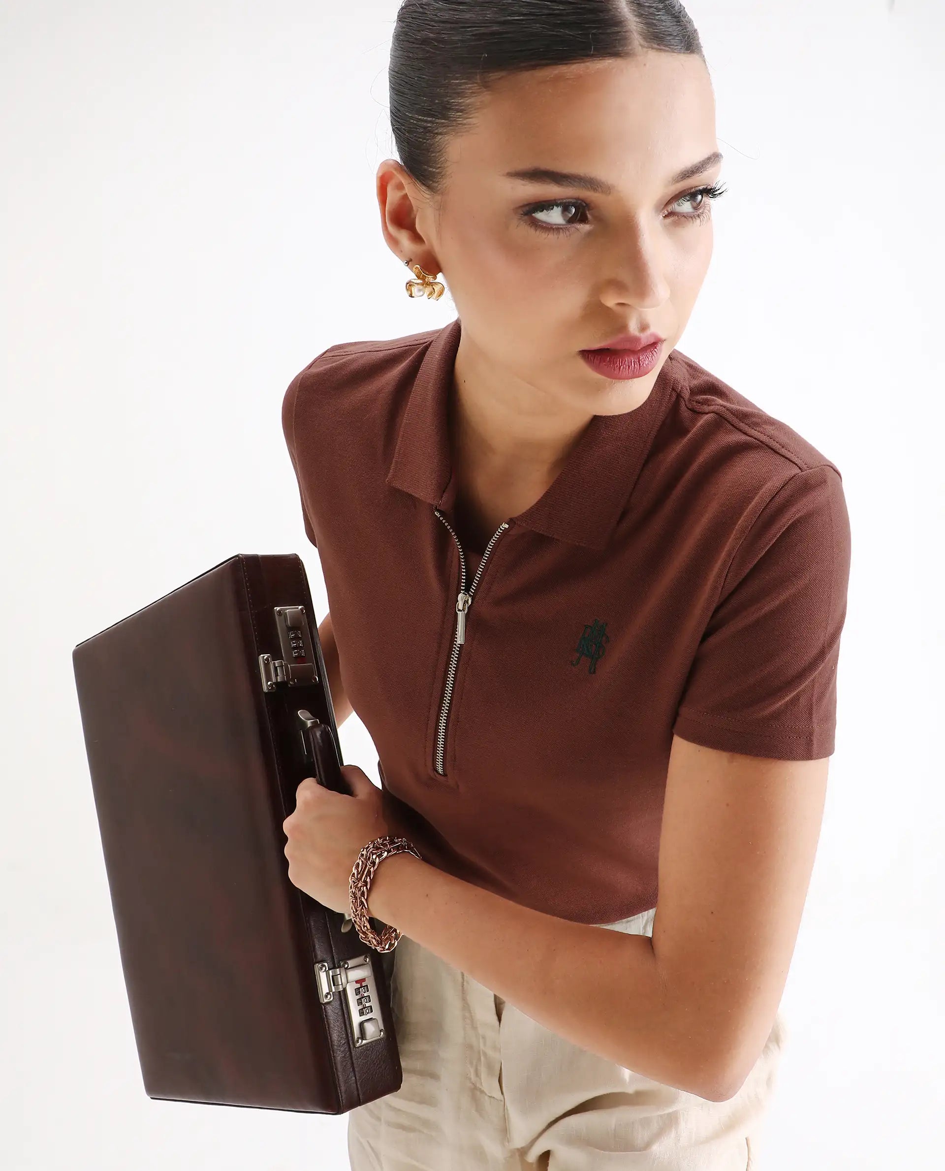 Rareism Women's Laken Brown Cotton Blend Polo Neck Plain Regular Fit Polo