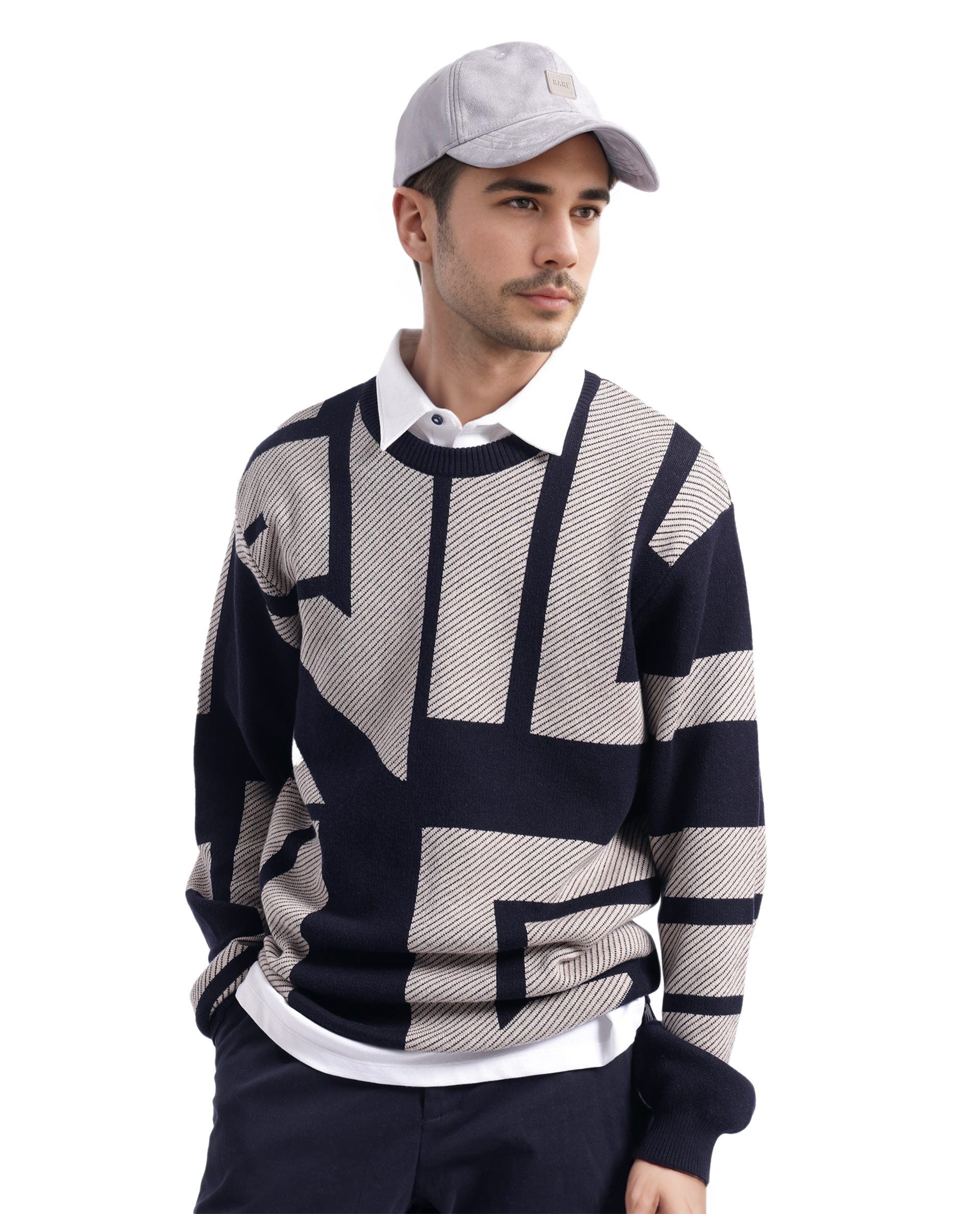 Rare Rabbit Men's Toge Navy Cotton Fabric Full Sleeve Crew Neck Monogram Print Sweater